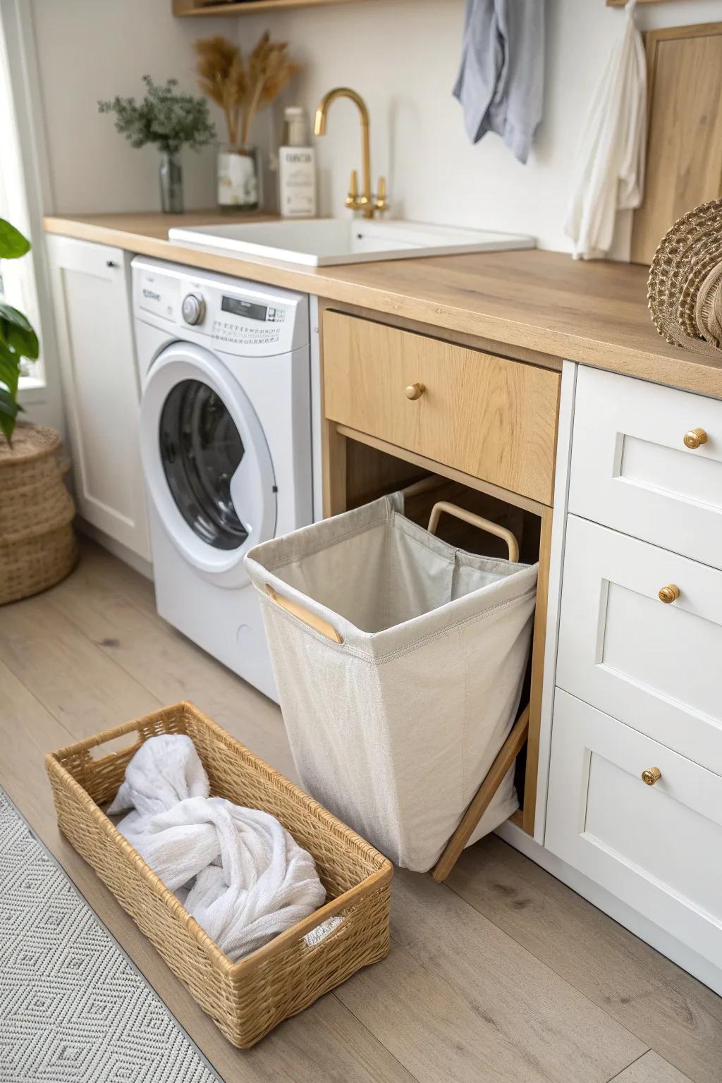 A slim pull-out hamper beside the washer keeps laundry hidden and kitchen floors clear.