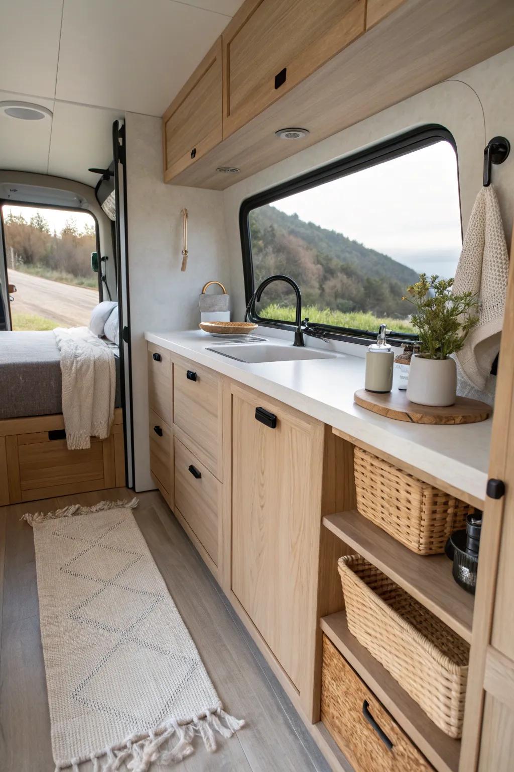 One-wall galley kitchen keeps the center aisle clear—instant airflow and a longer-looking van.