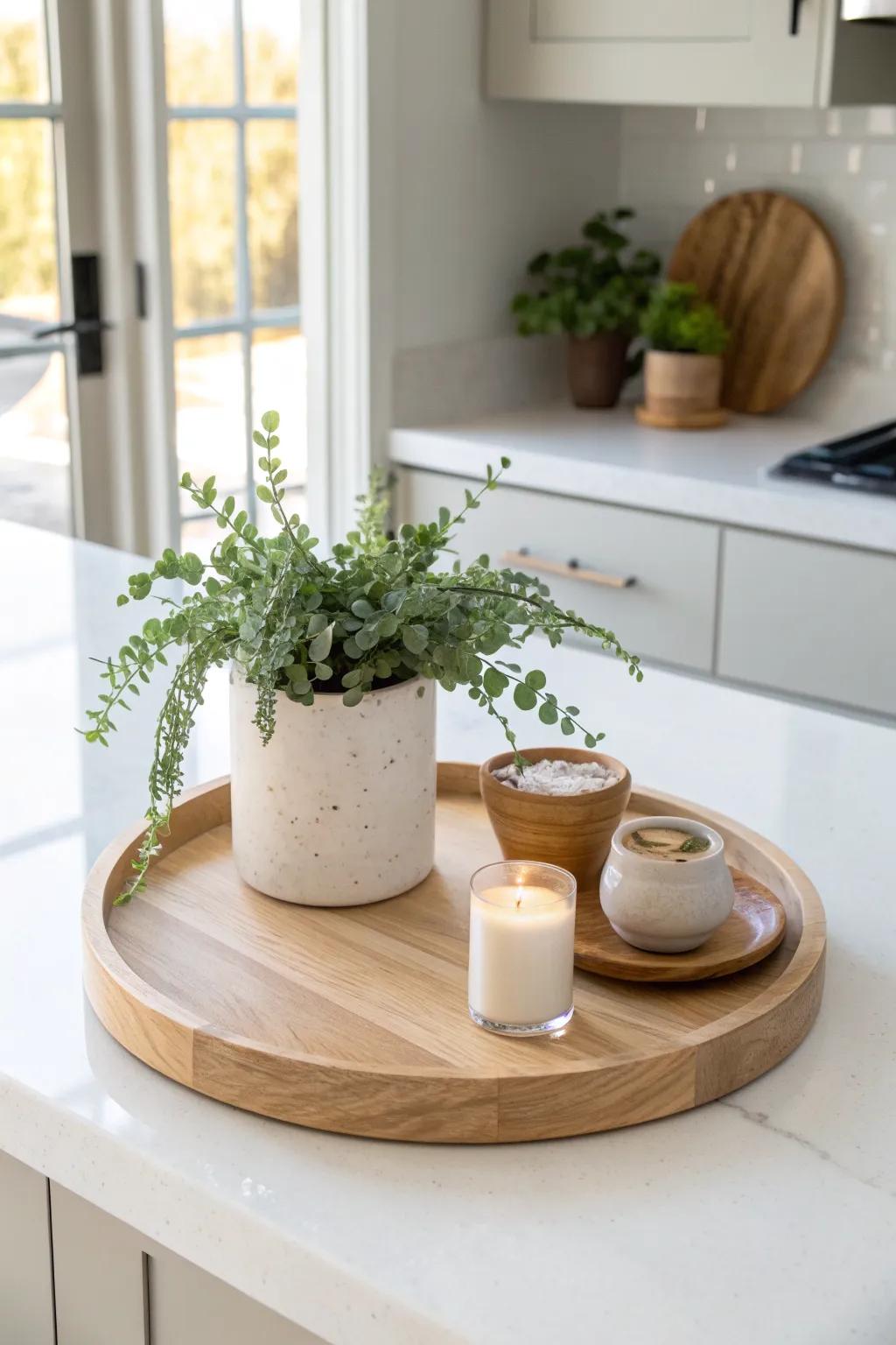 A warm wood lazy susan creates a calm, cozy anchor on your kitchen island—no clutter.