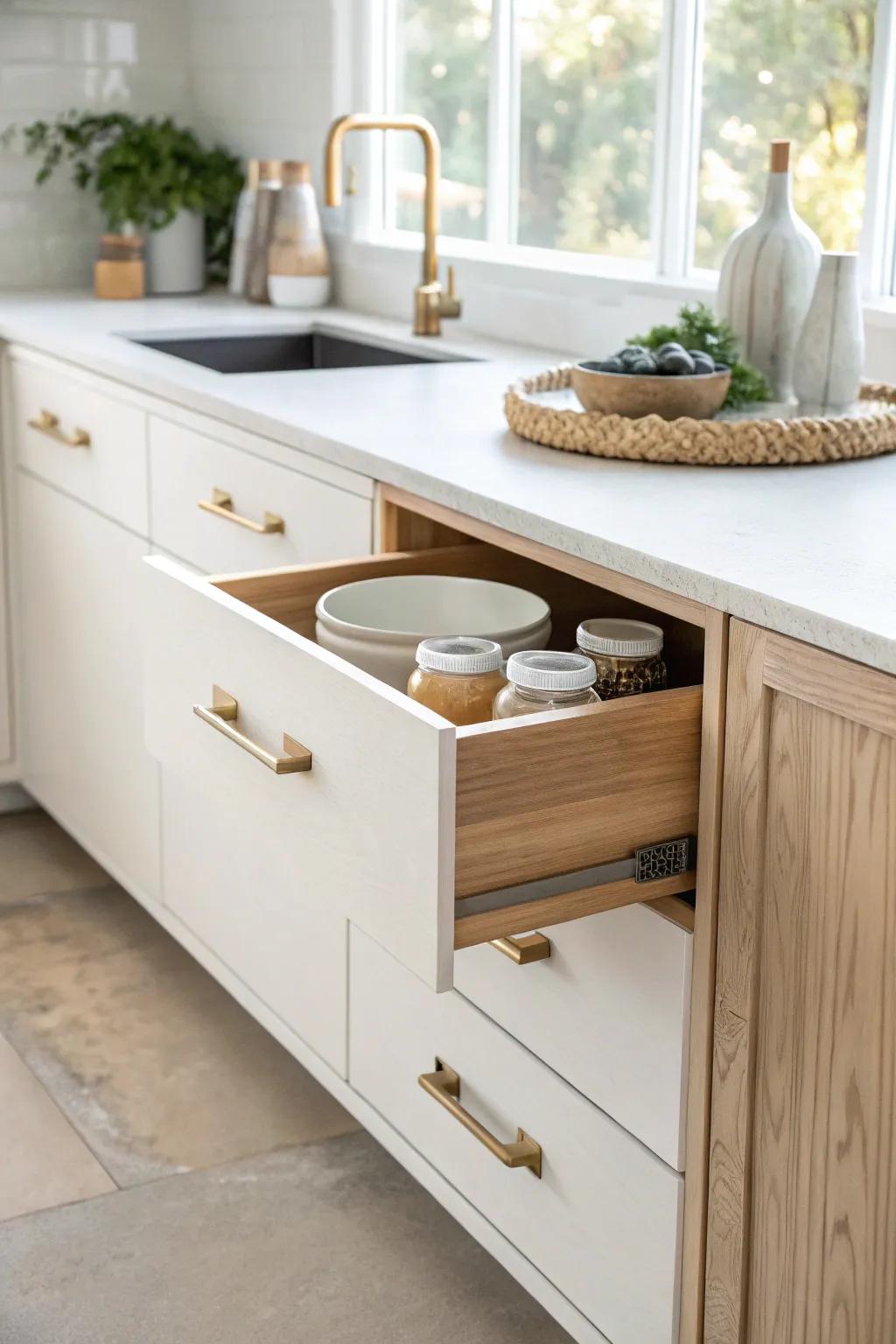 Corner drawers: a sleek lazy Susan replacement that keeps every item in reach in small kitchens.