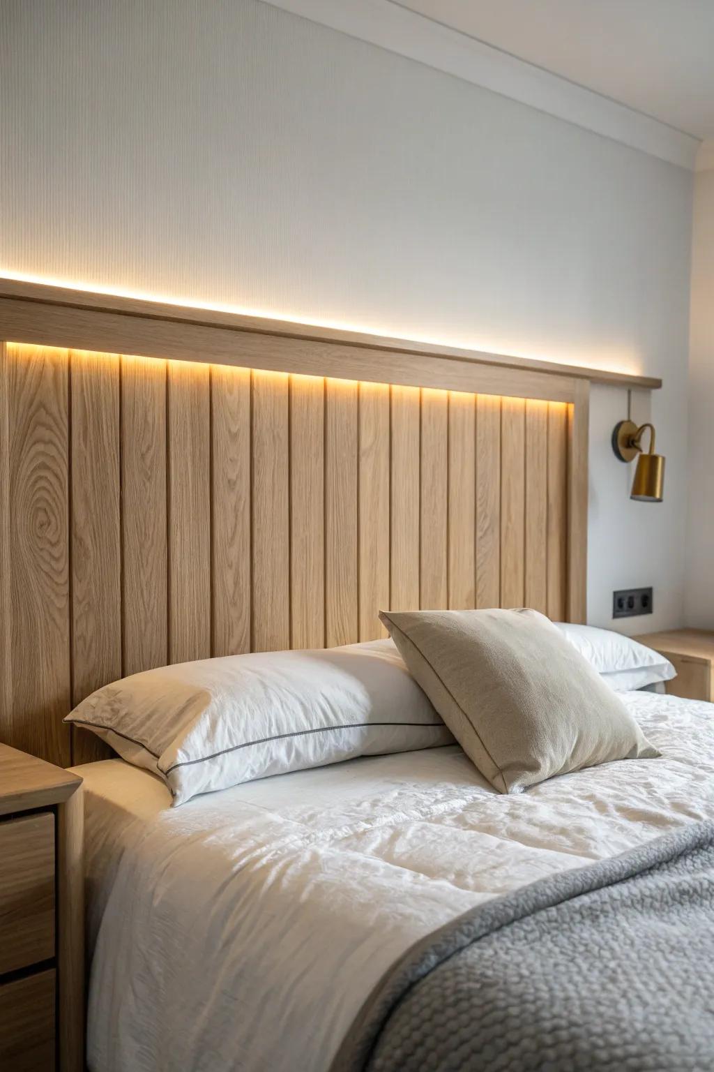Warm LED halo behind a light oak headboard—soft, hotel-like glow perfect for small bedrooms.