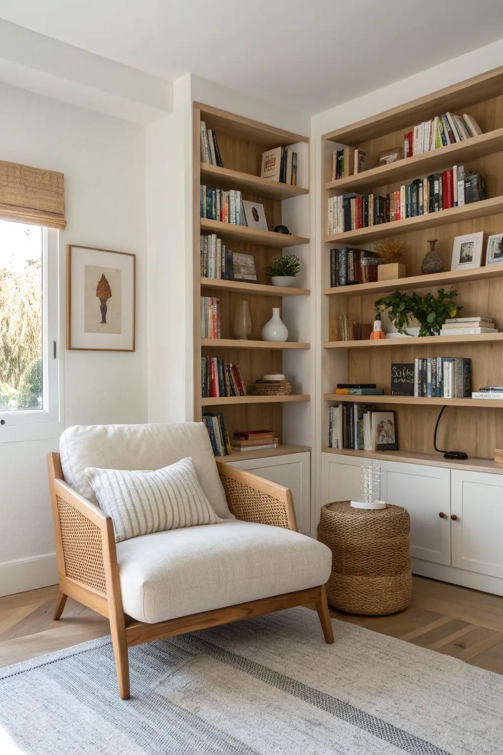 A cozy corner chair framed by an L-shaped book wall—tucked-in library vibes for small spaces.