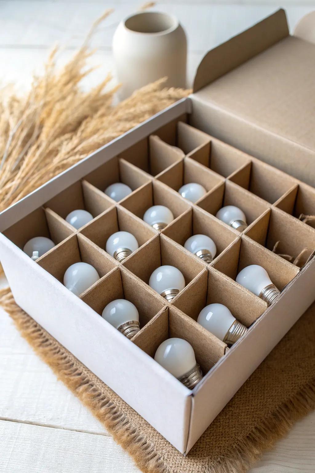 DIY cardboard grid insert: give every light bulb its own neat, tangle-free parking spot.
