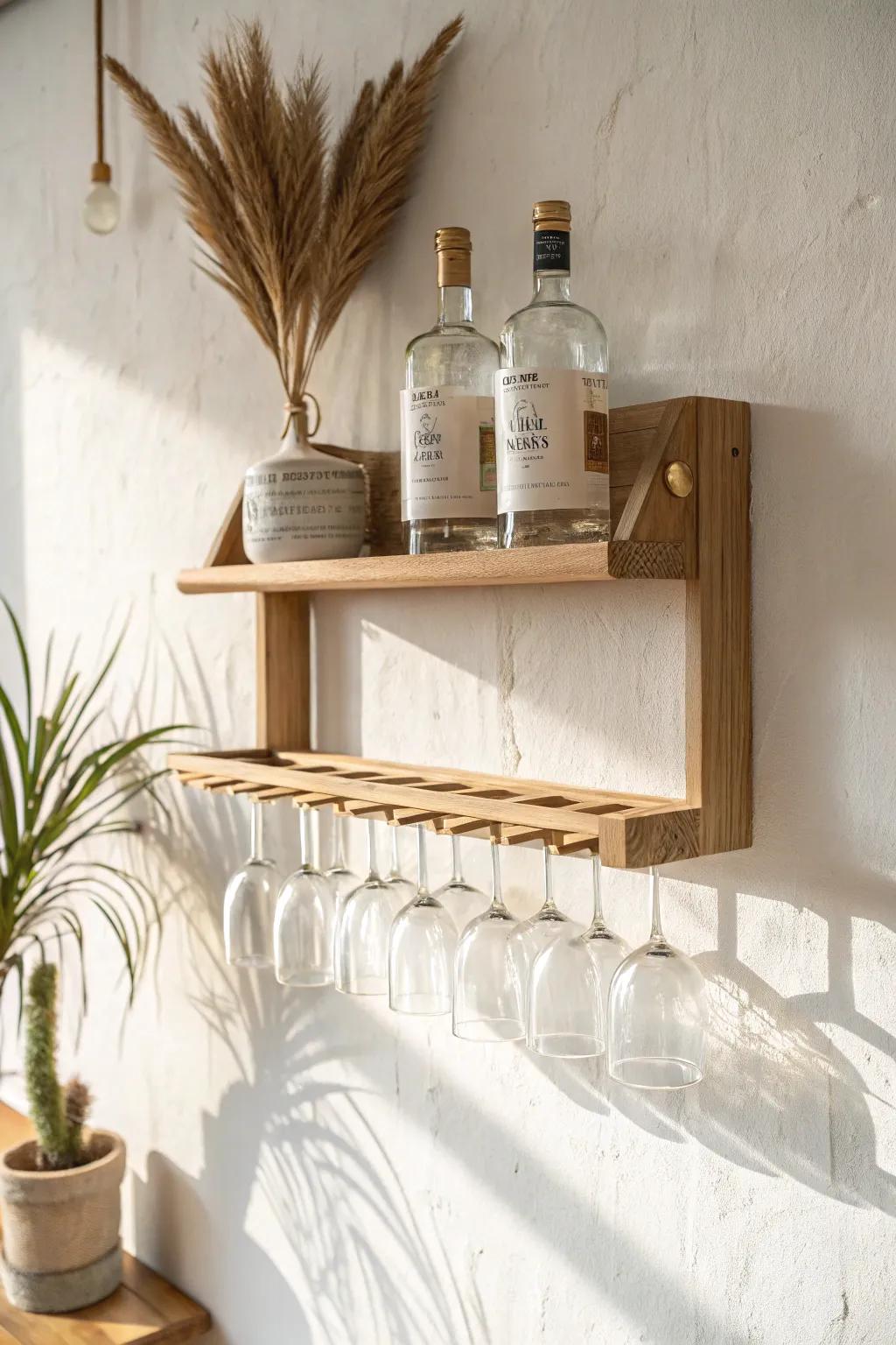 A sleek liquor wall shelf with stemware rack—stylish storage that frees up precious cabinet space.