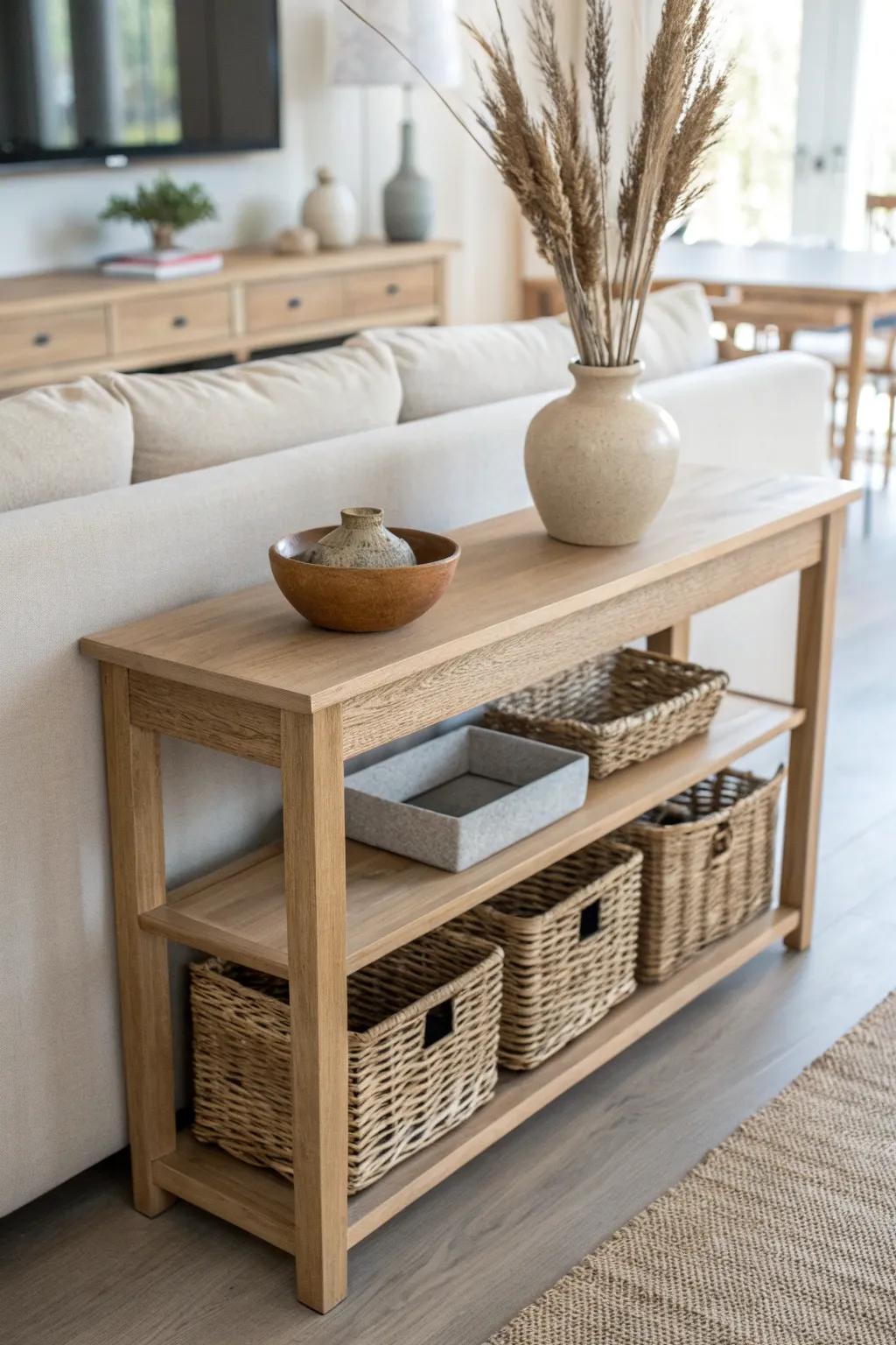 Slim console table behind the sofa defines zones and hides clutter in woven baskets.