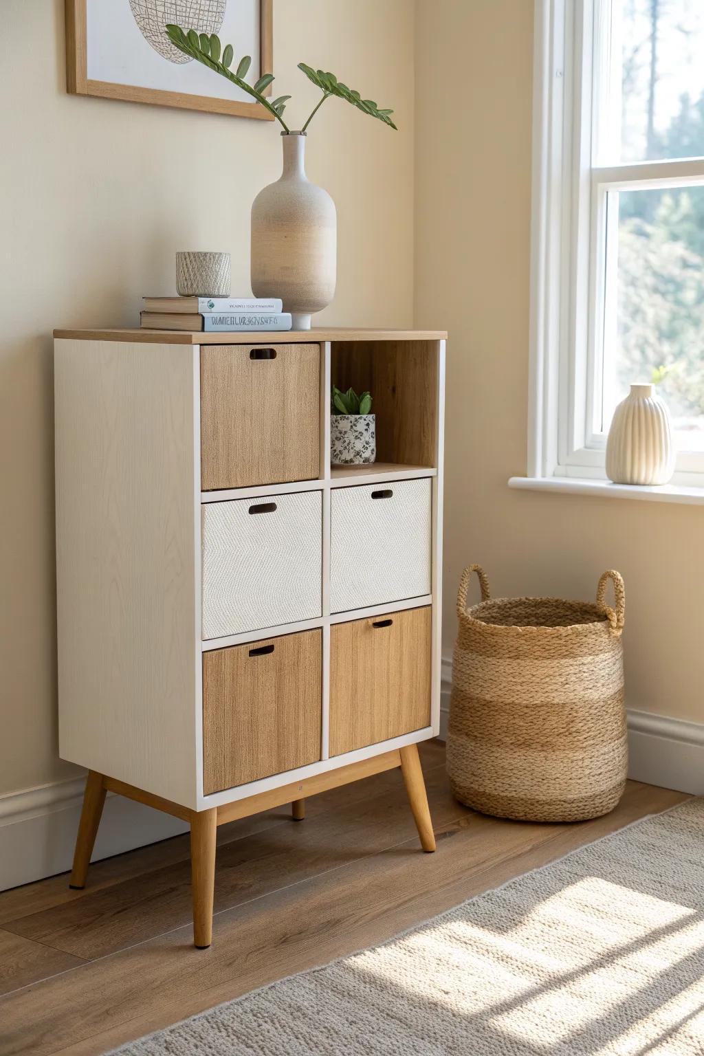 Add slim wooden legs to a cube unit for an instant elevated, furniture-like living room look.