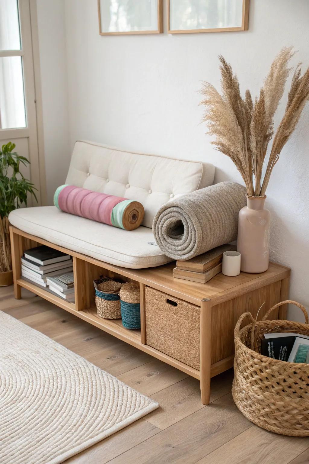 Hide slim gym gear behind the sofa with a chic bench—living room first, workout-ready second.