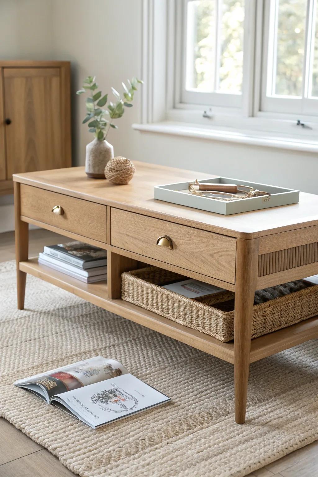 A drawer coffee table keeps tiny essentials tucked away—stylish storage for small living rooms.