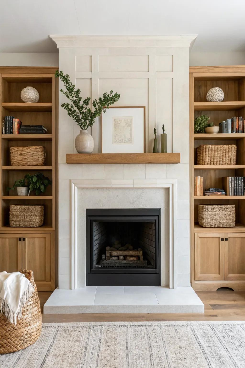 Symmetry meets cozy: matching shelves flanking a fireplace for a collected, airy living room.