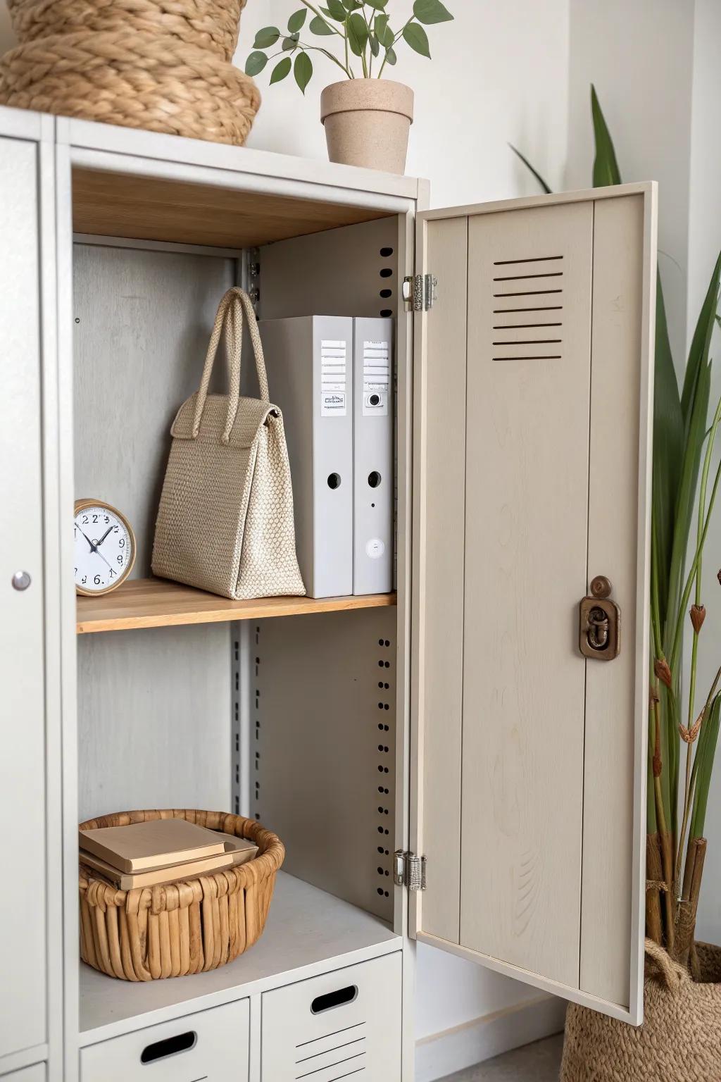 Turn a narrow locker into vertical storage with a simple birch shelf riser—so satisfying.