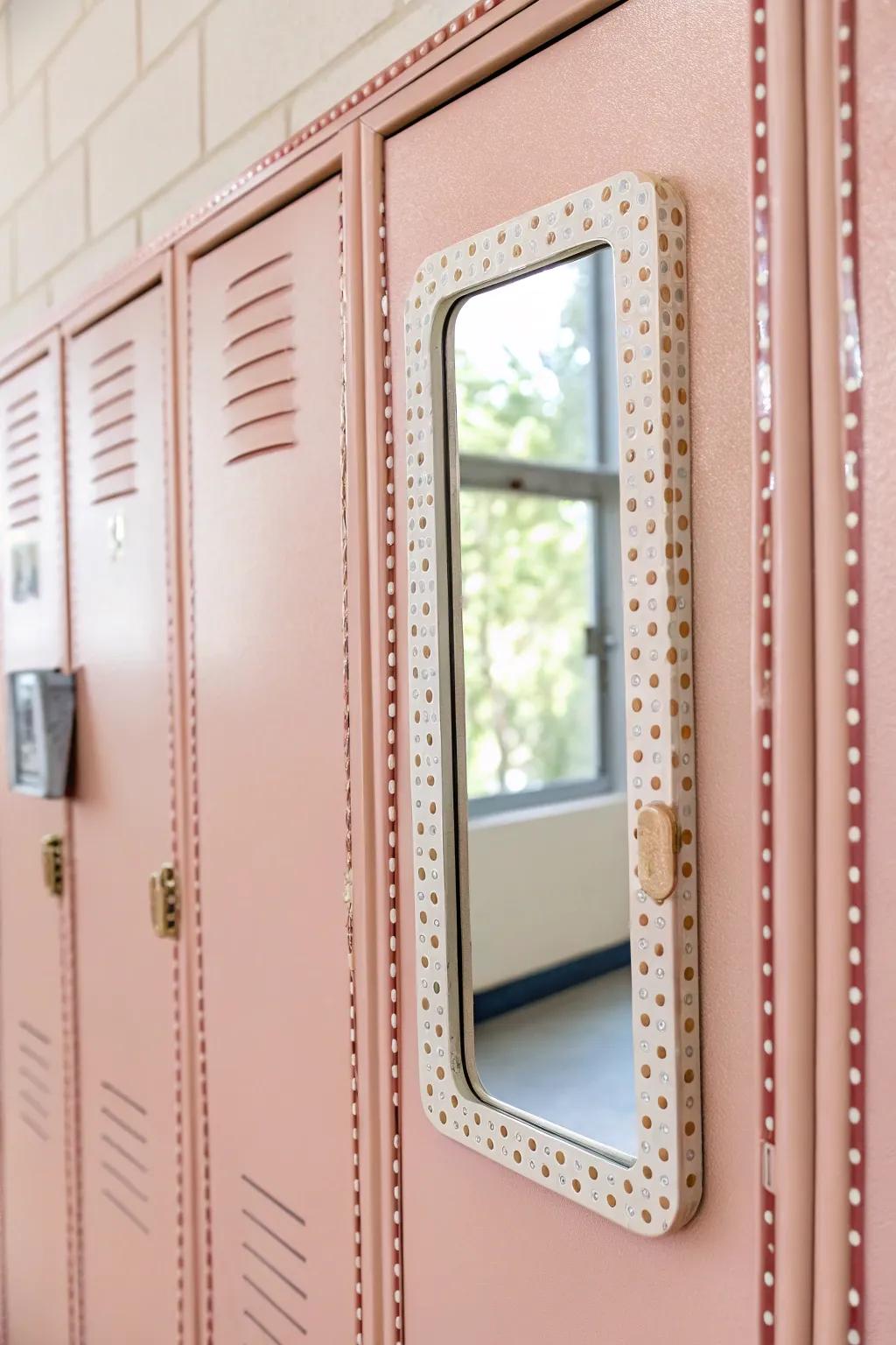 A magnetic locker mirror with a washi-tape frame—mini vanity vibes, small-space chic.