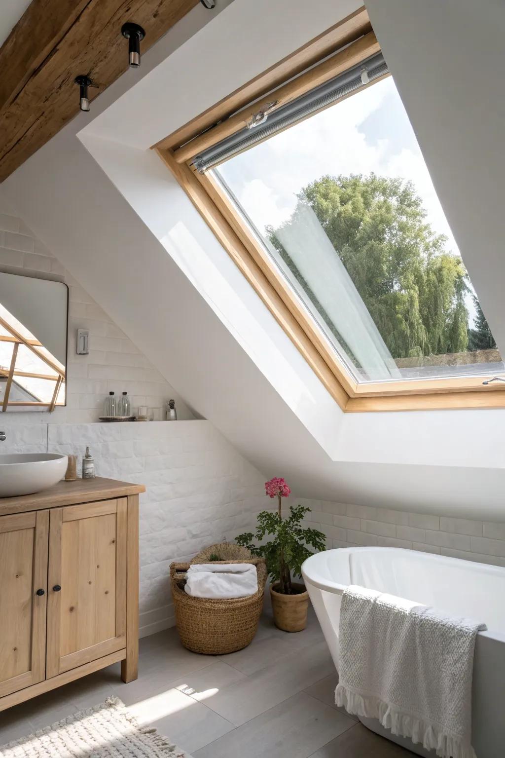 A simple skylight floods a tiny loft bathroom with daylight, making it feel instantly open.