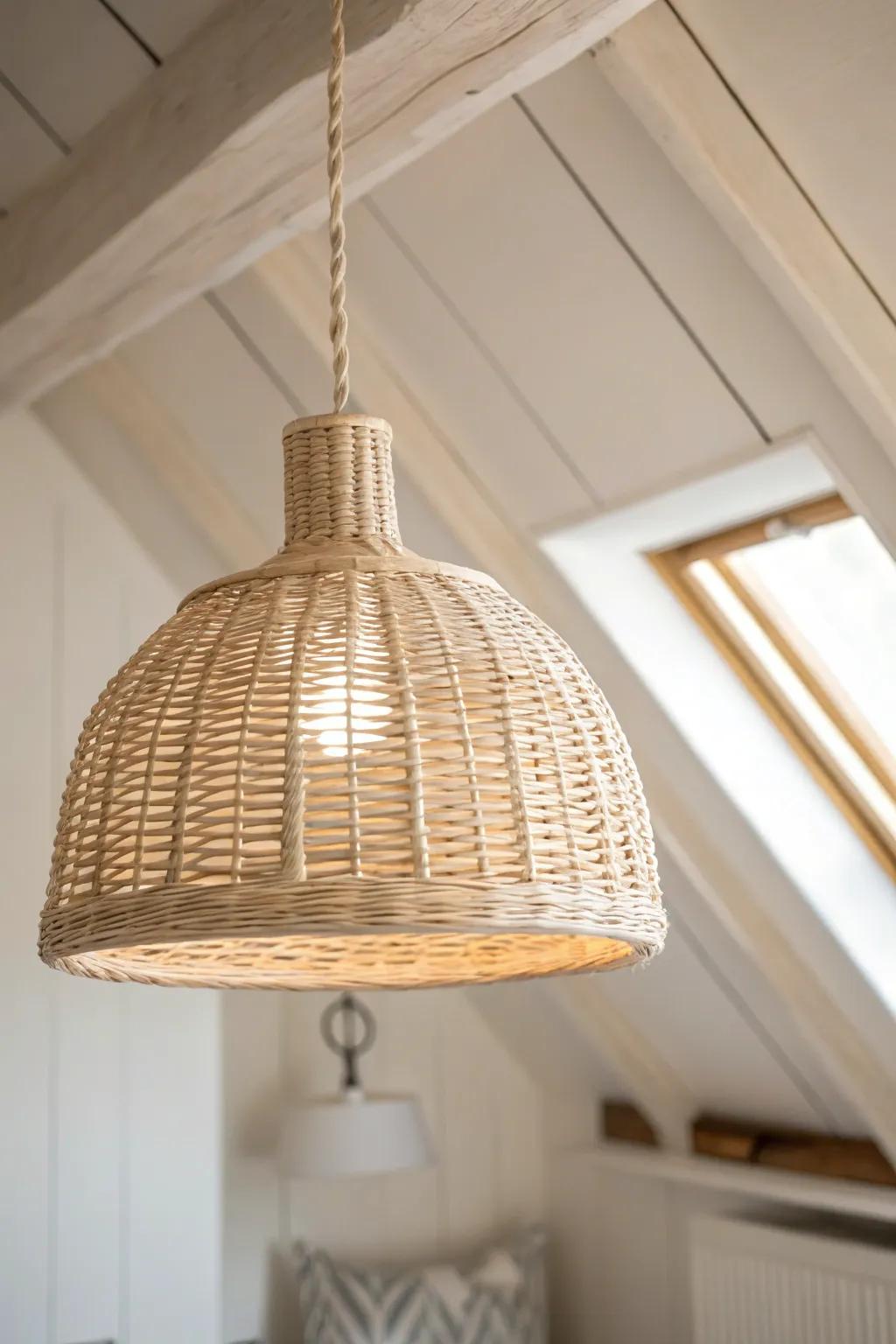 Soft white walls + a woven neutral pendant make a sloped loft bedroom feel airy and calm.