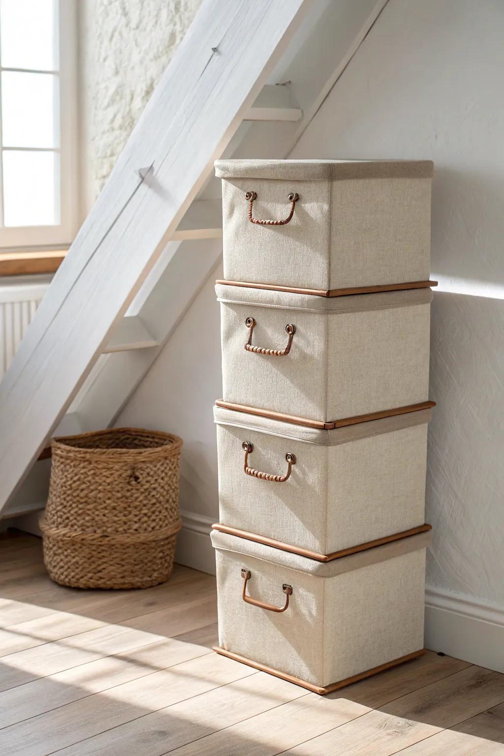 Matching lidded bins stack neatly under sloped ceilings—clean, dust-free, and beautifully uniform.