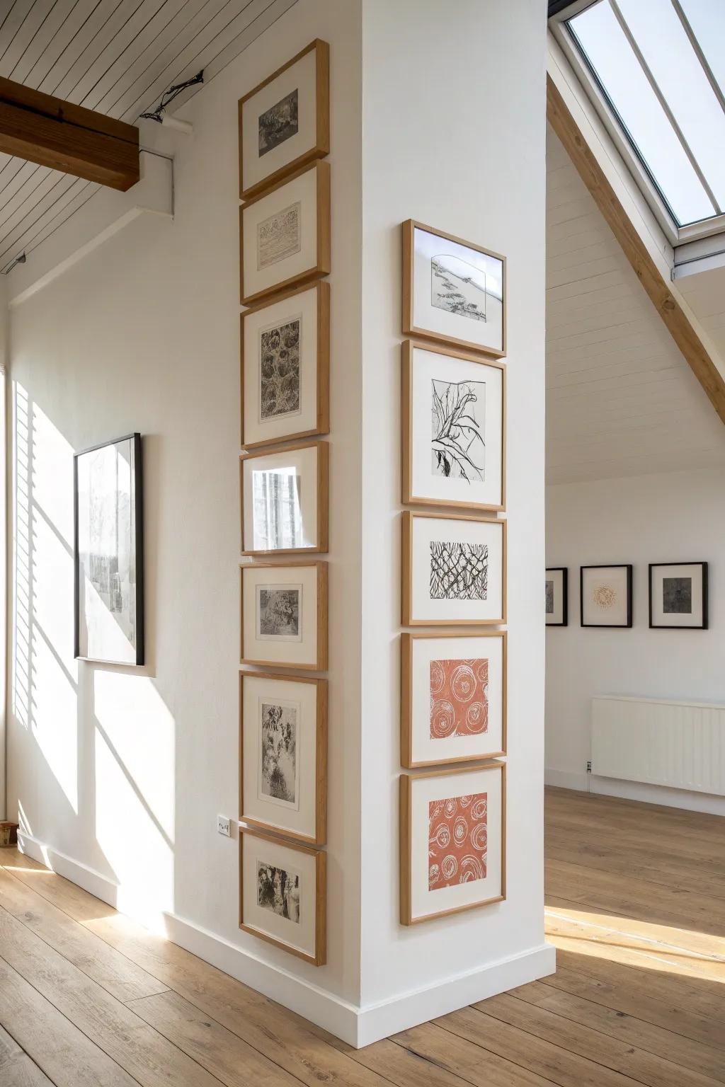 A tall, minimalist gallery stack of matching frames that draws the eye up your loft wall.