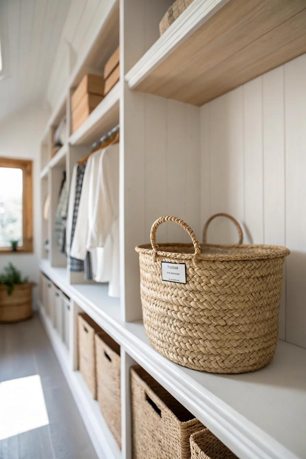 Ceiling-high shelves for seasonal storage—one woven bin keeps a long closet feeling airy.