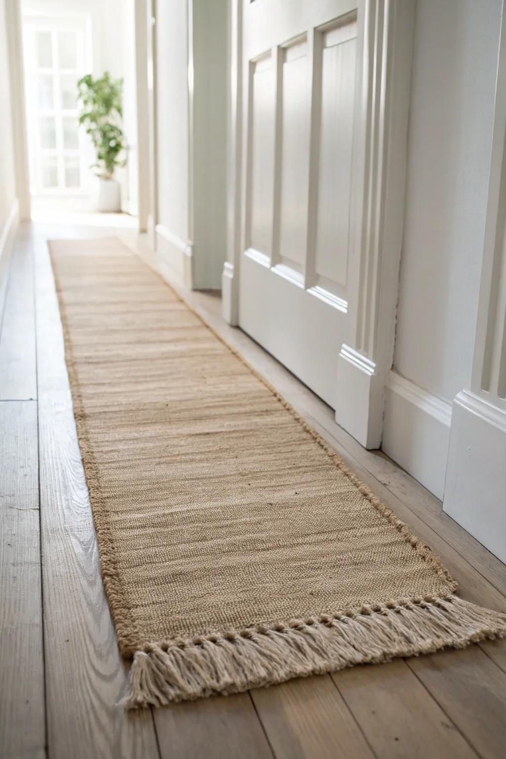 A warm neutral runner with subtle texture makes a narrow hallway feel longer and brighter.