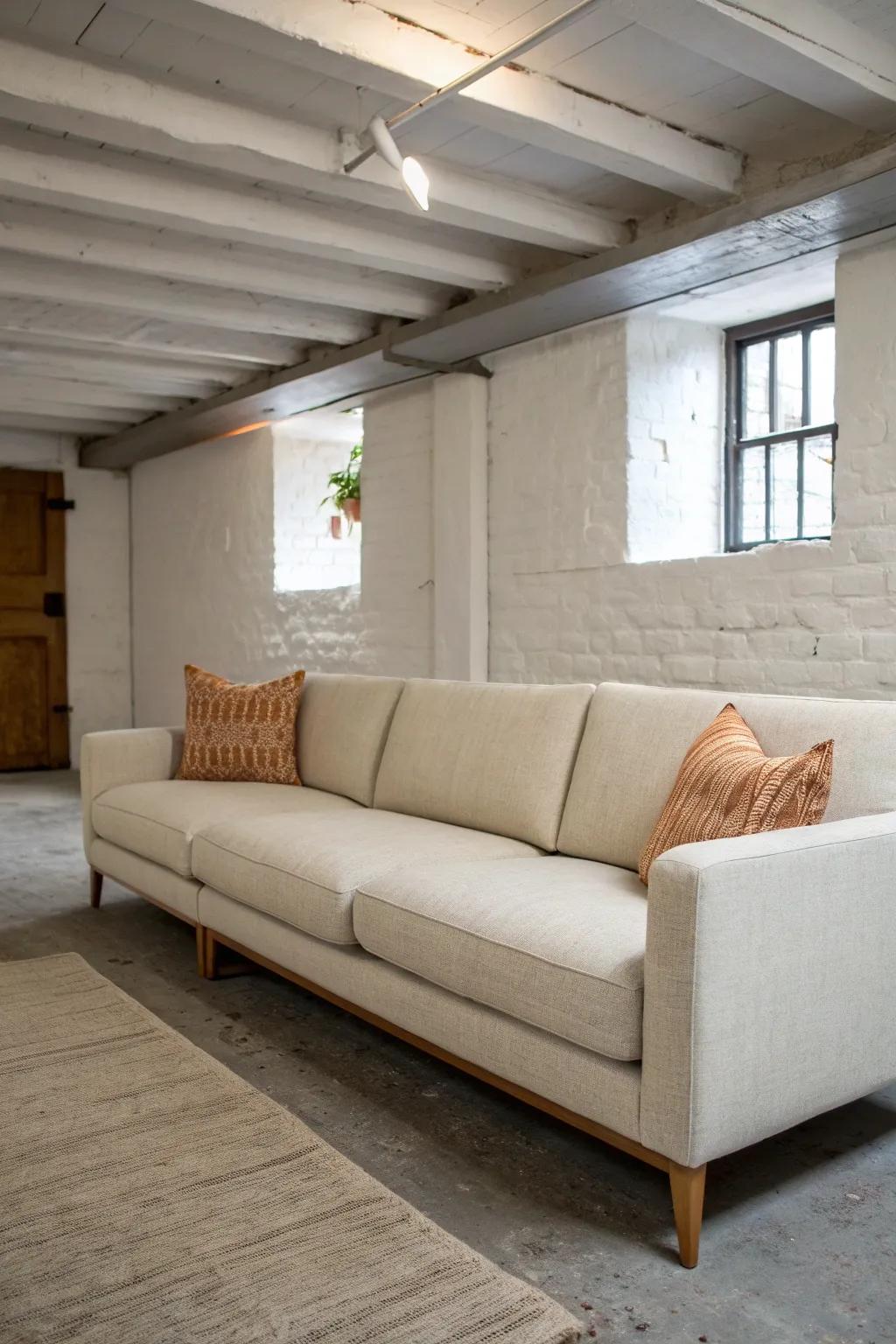 A light linen L‑shaped sectional creates a soft divider that makes a narrow basement feel planned.