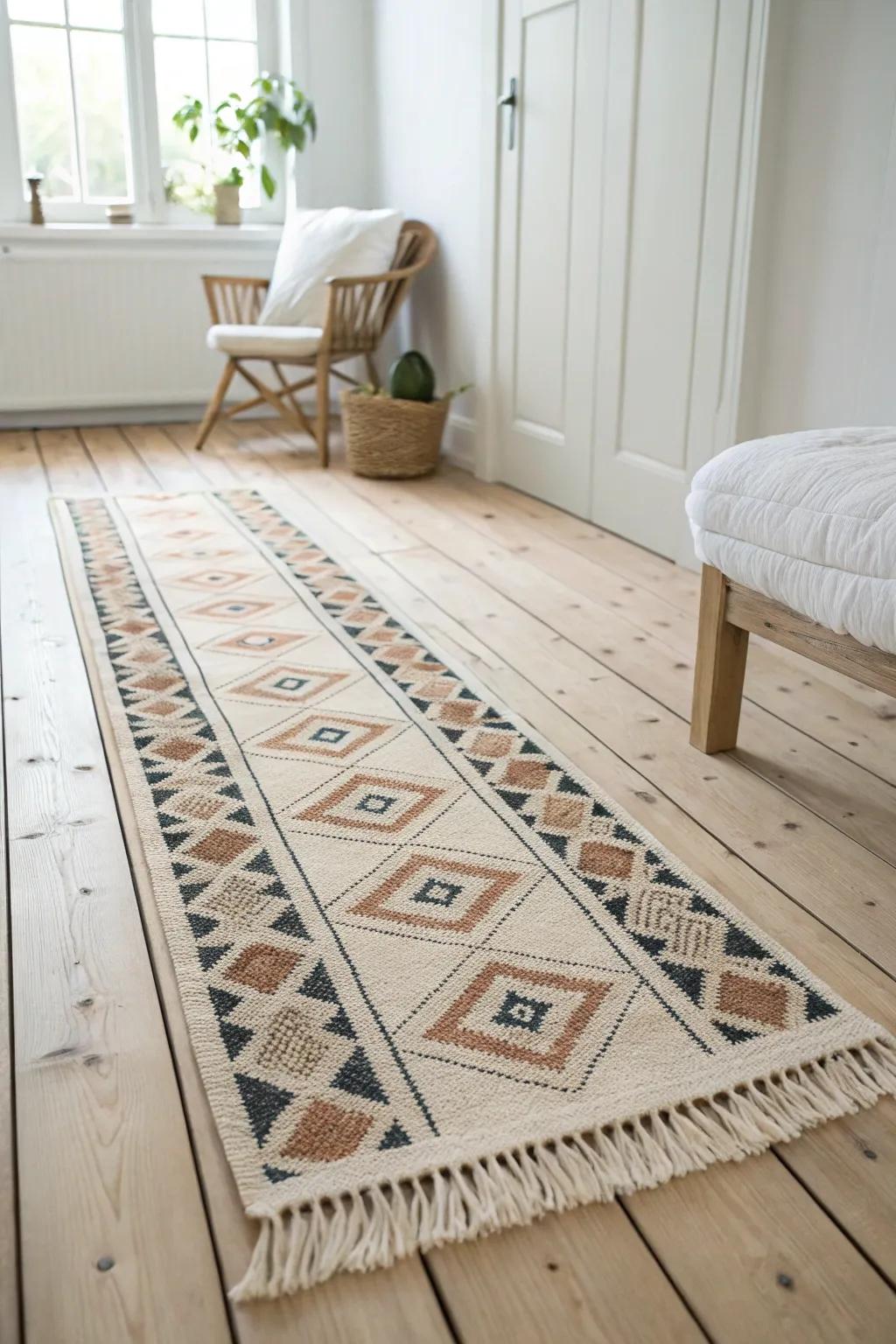 One statement rug creates micro-zones in a long, narrow bedroom—sleep, store, and work.