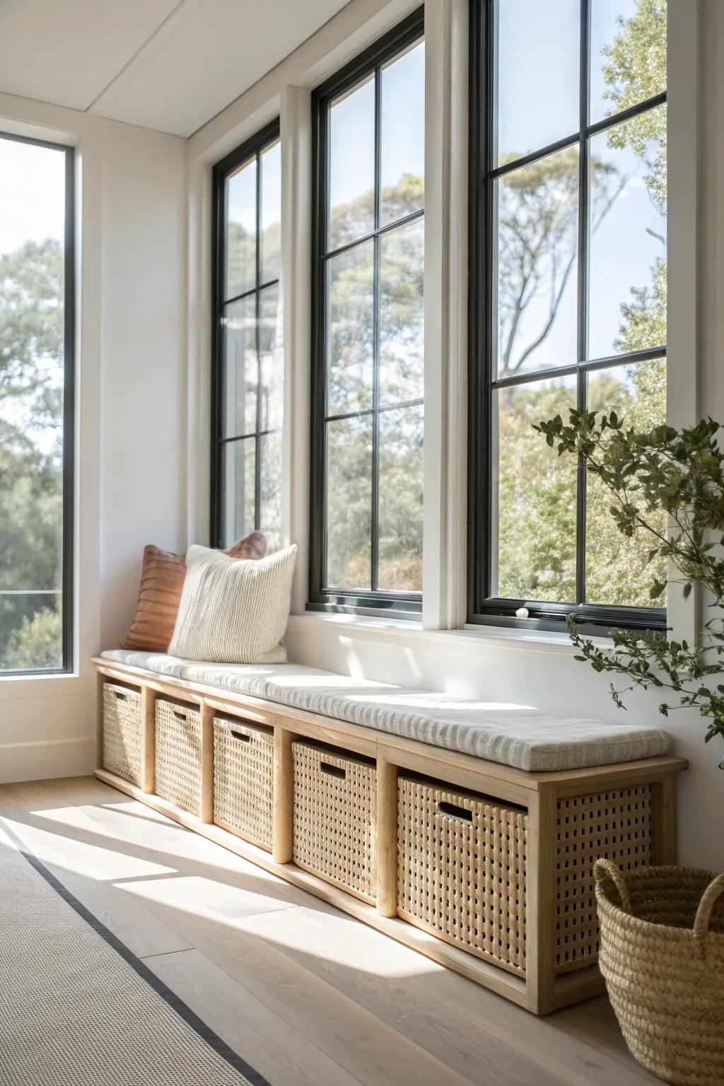 Slim window-seat bench with baskets below—extra seating and hidden storage for sunrooms.