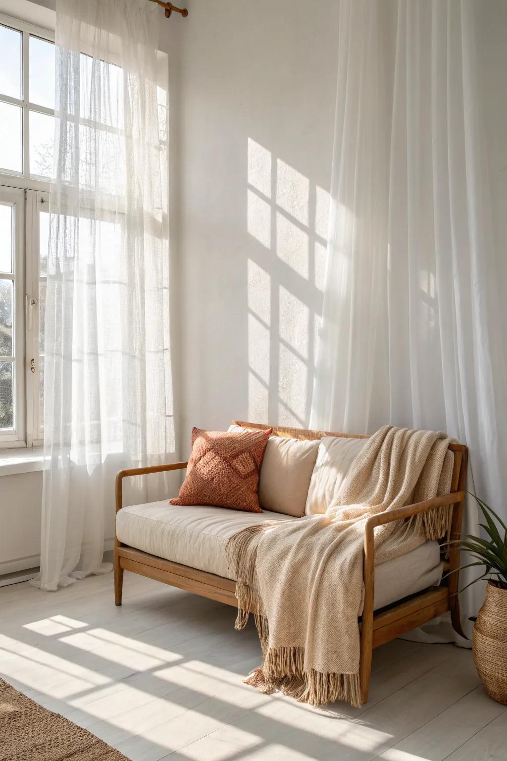 A window-side loveseat with a cozy throw creates the calmest bedroom reading nook.