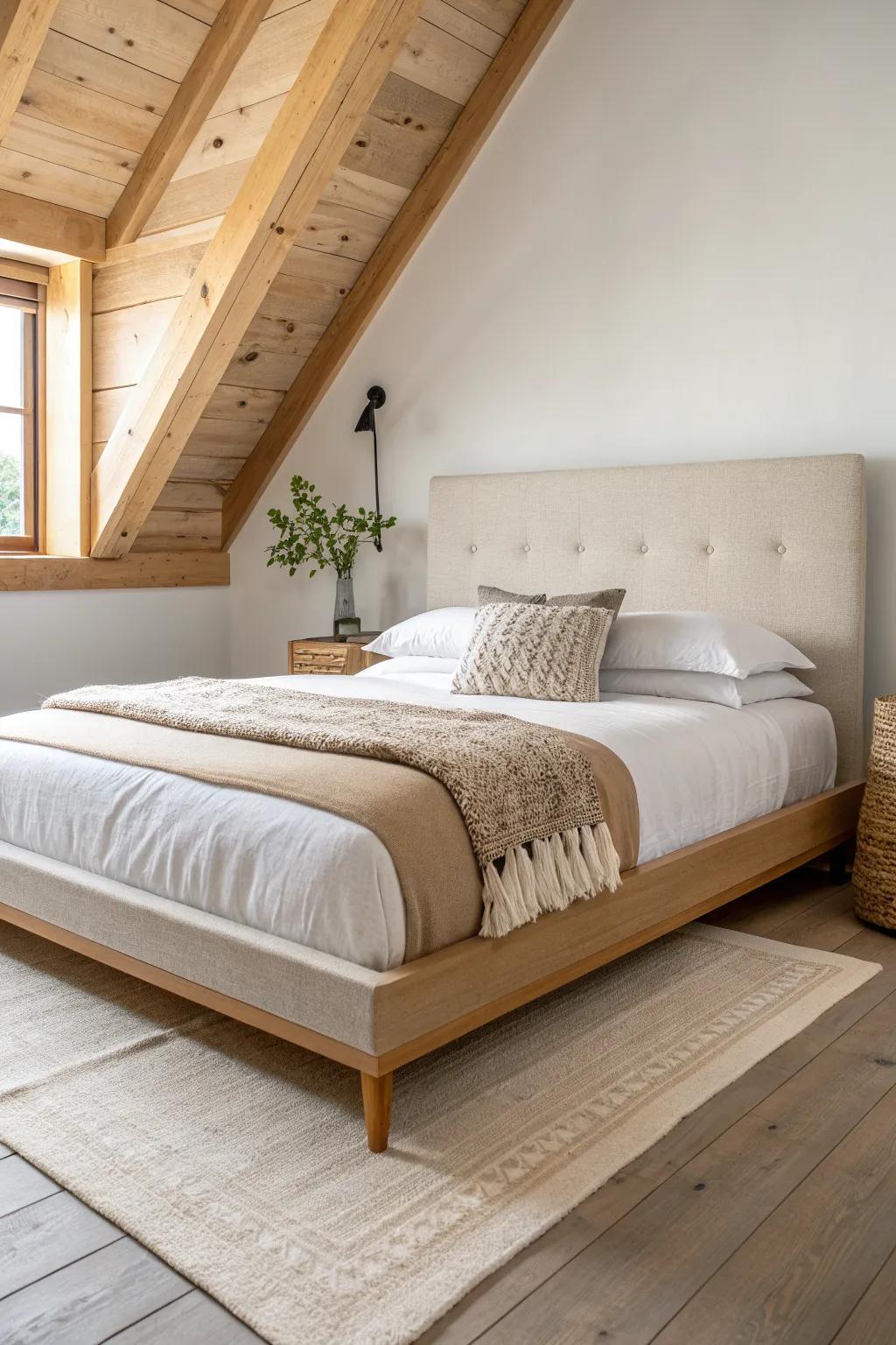 Go low-profile: a simple bed (no tall headboard) makes a low-ceiling bedroom feel taller.