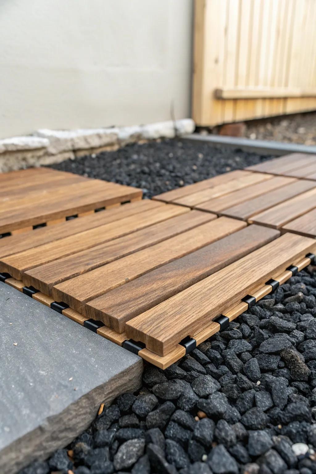 Snap-in deck tiles create a chic, no-grass backyard floor in one afternoon—zero fuss.