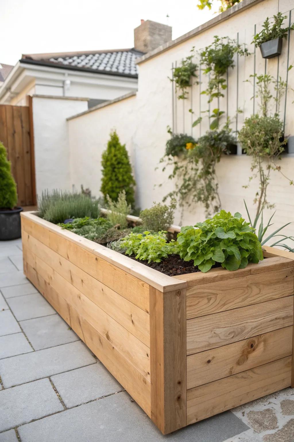 A deep raised bed keeps small gardens neat—contained planting, easy weeding, low upkeep.