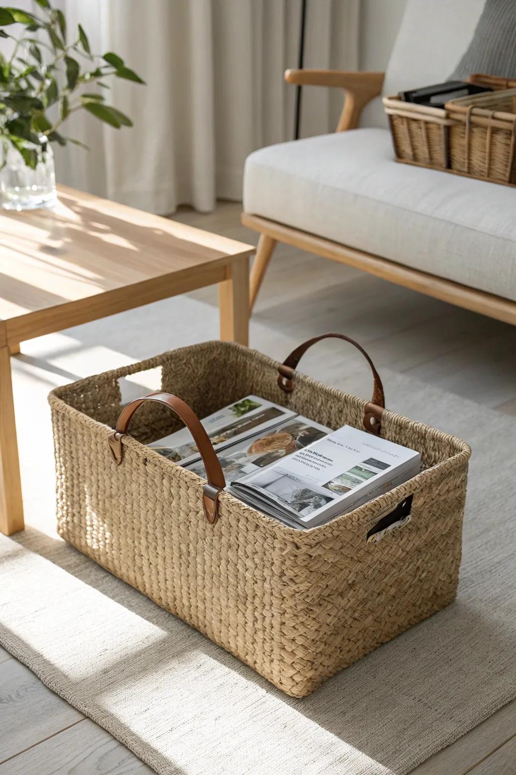 A woven magazine bin tucked under the coffee table—small-space storage that stays chic.