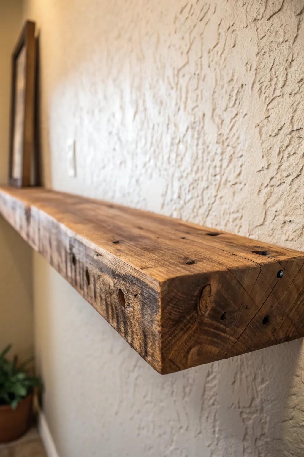 Embrace the charm of rustic elegance with handcrafted wood shelves.