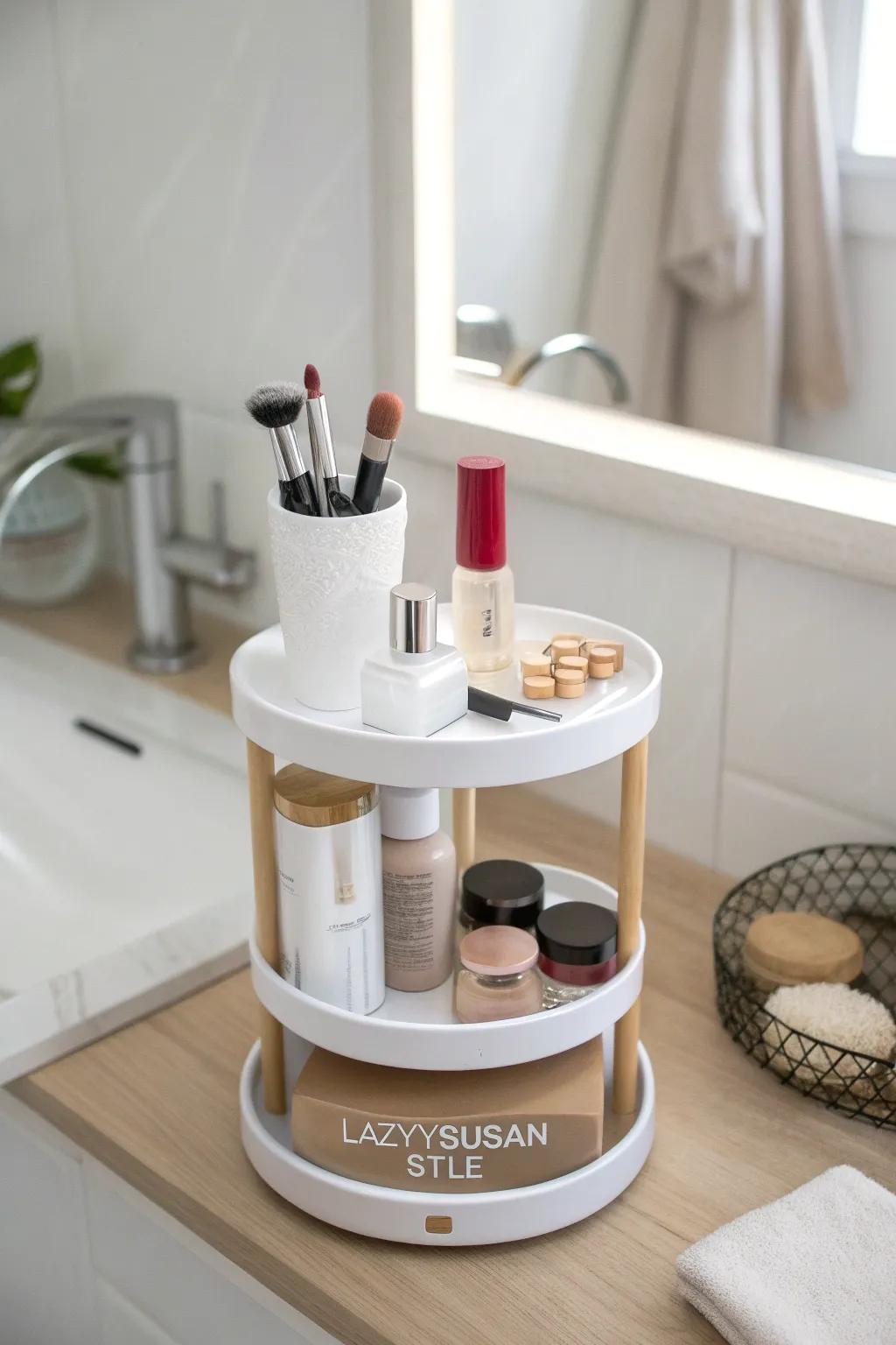 Spin-and-store beauty: a rotating organizer keeps a tiny vanity neat and effortless.