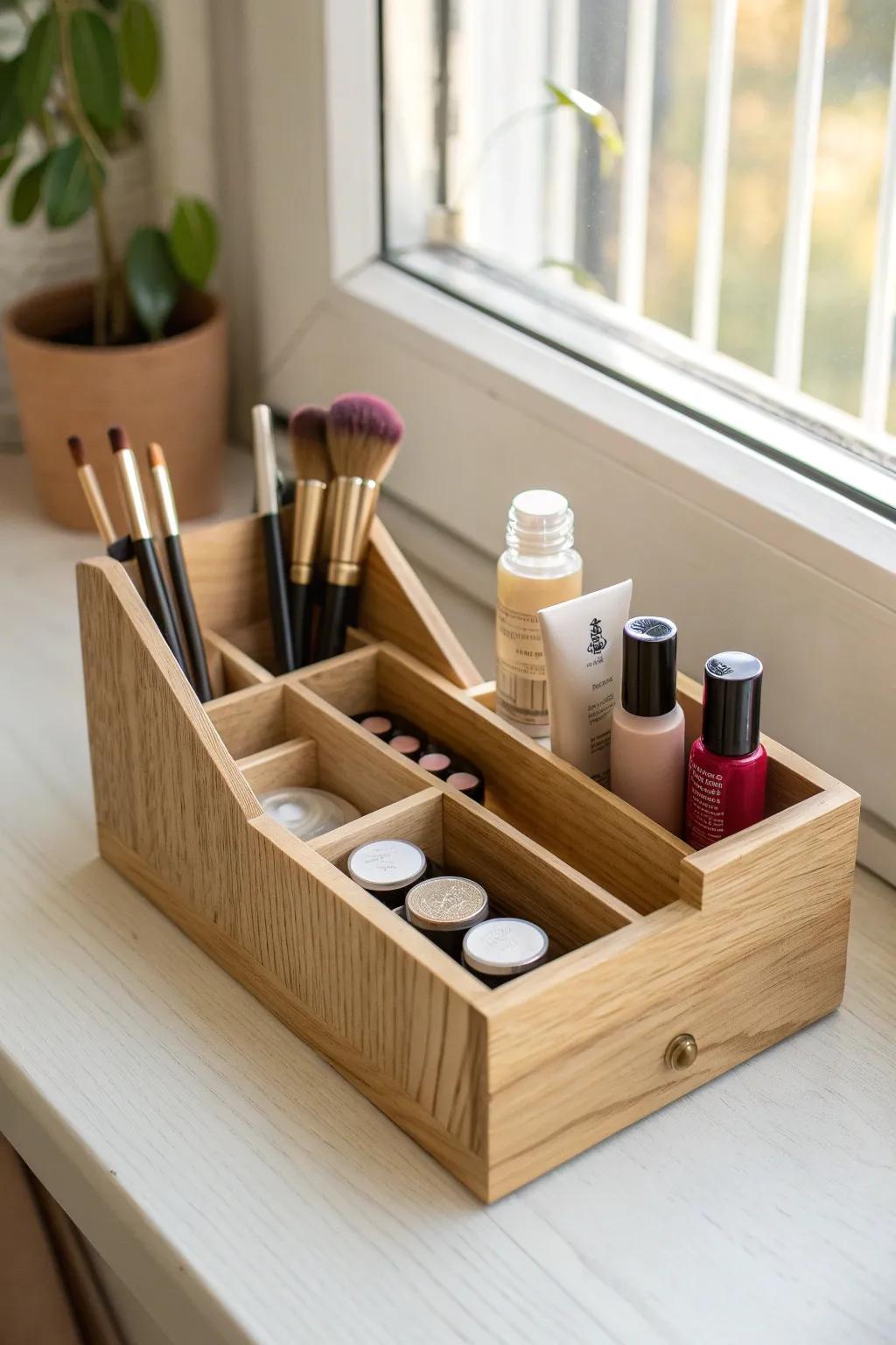 Sort makeup by category in a chic oak organizer—grab lips or eyes in seconds, no more duplicates.