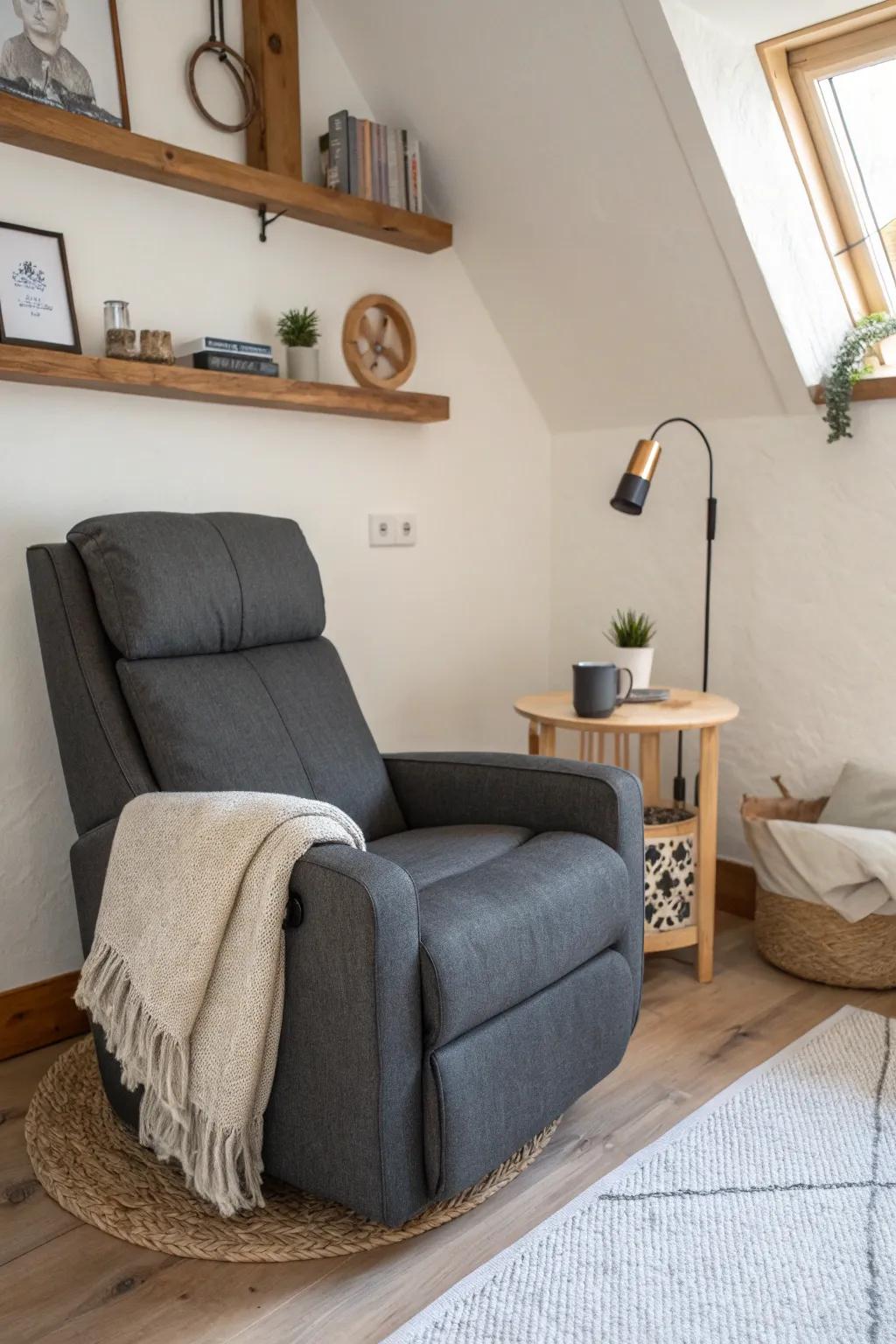 Compact recliner with a slim wall shelf—classic kick-back comfort for a small man cave.