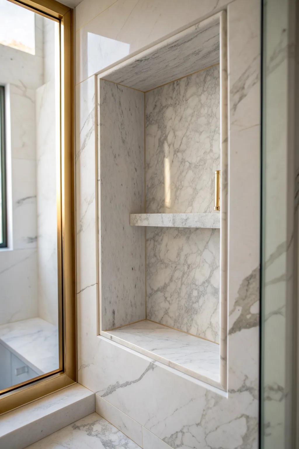 White marble niche with soft gray veining—bright, airy, and perfect for a small shower.