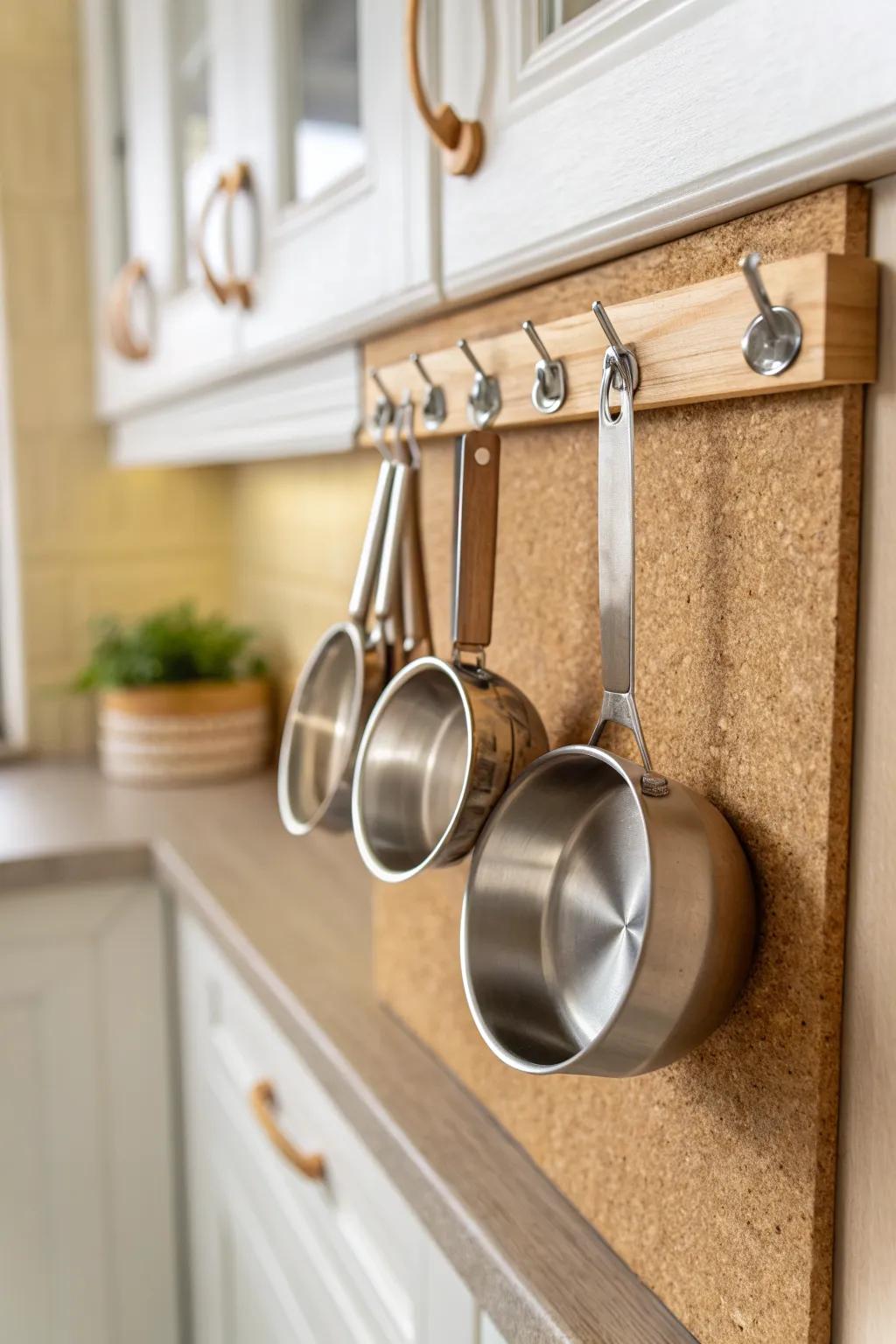 Cork backing keeps measuring cups quiet—no more cabinet “wind chime” every time you close it.