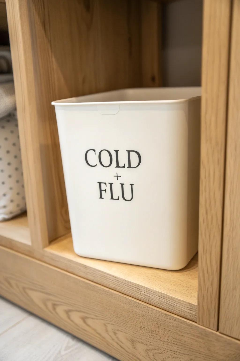 Big, bold labels make medicine bins easy to grab—even when you feel awful.