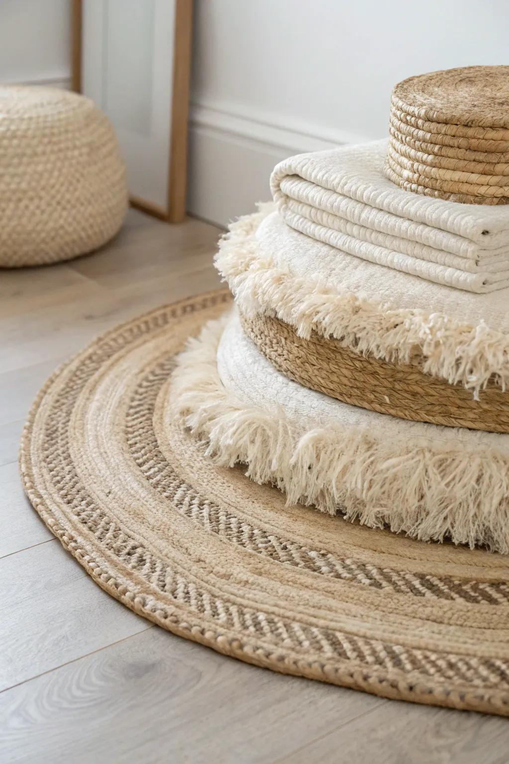 Layer two rugs—flatweave plus fluffy topper—for an instant cozy, grounded meditation nook.
