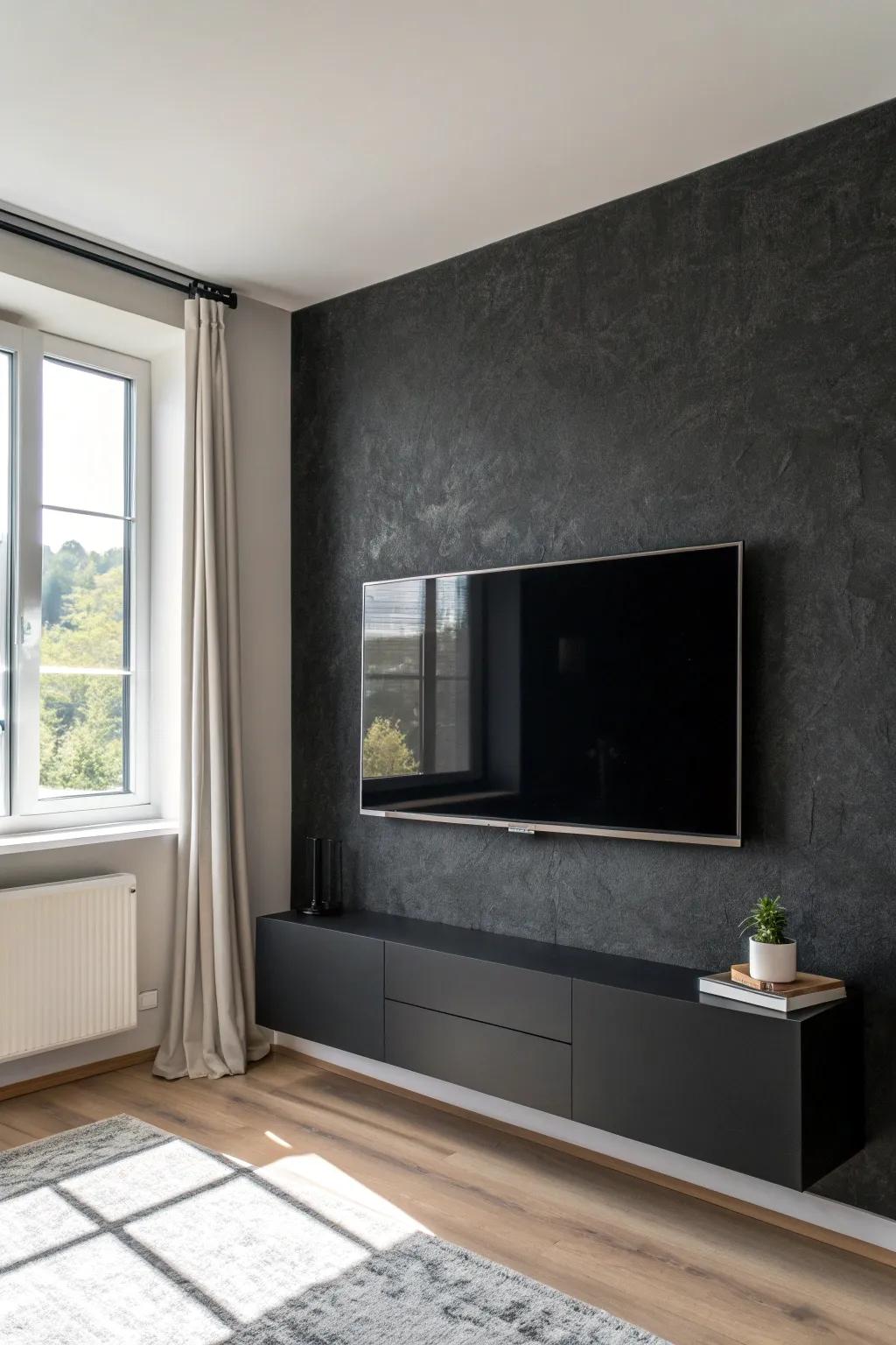 Charcoal TV wall + light oak shelf: an instant lounge feel that adds depth in small apartments.