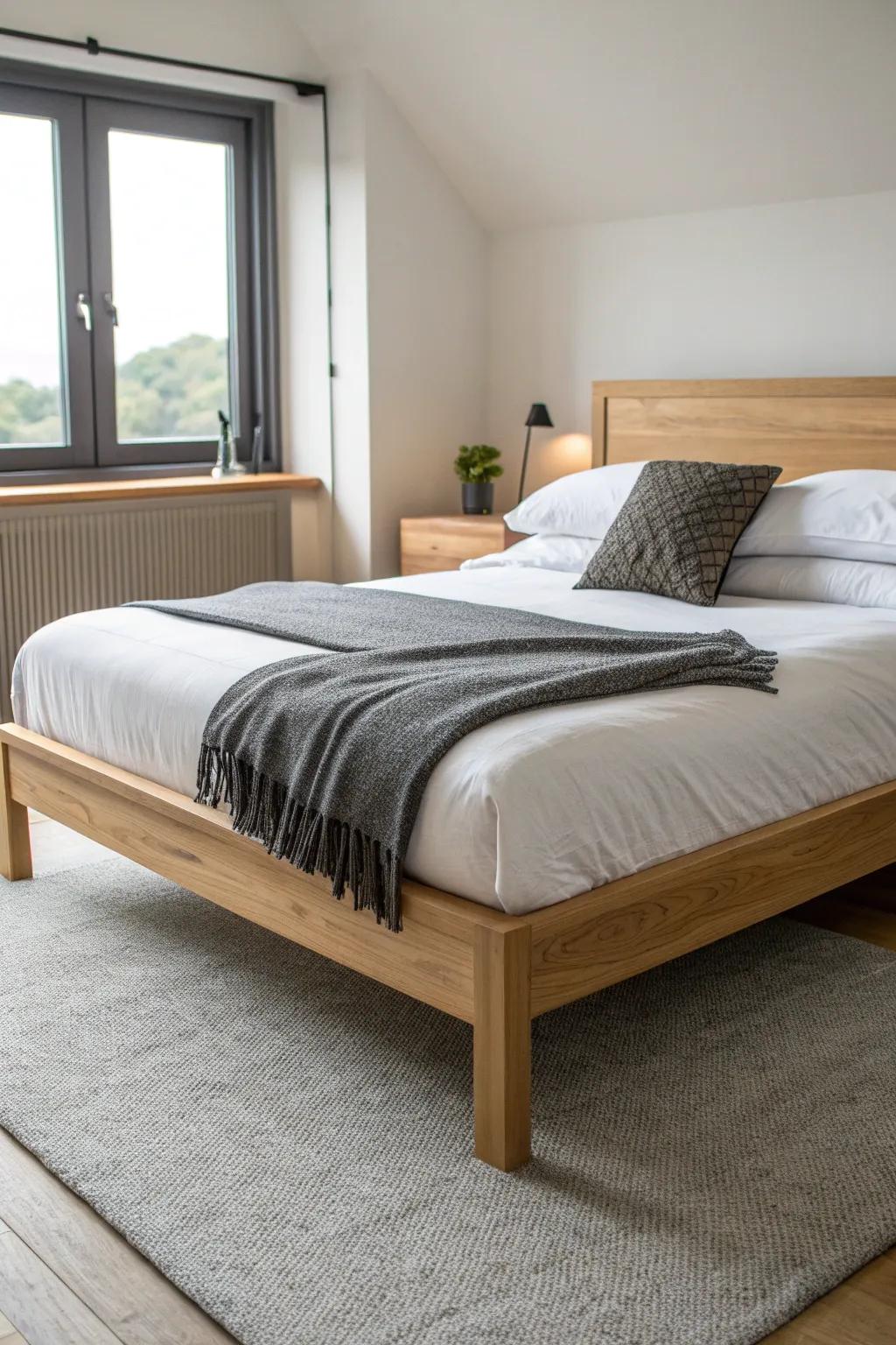A low-profile platform bed keeps a small men’s bedroom airy, modern, and uncluttered.