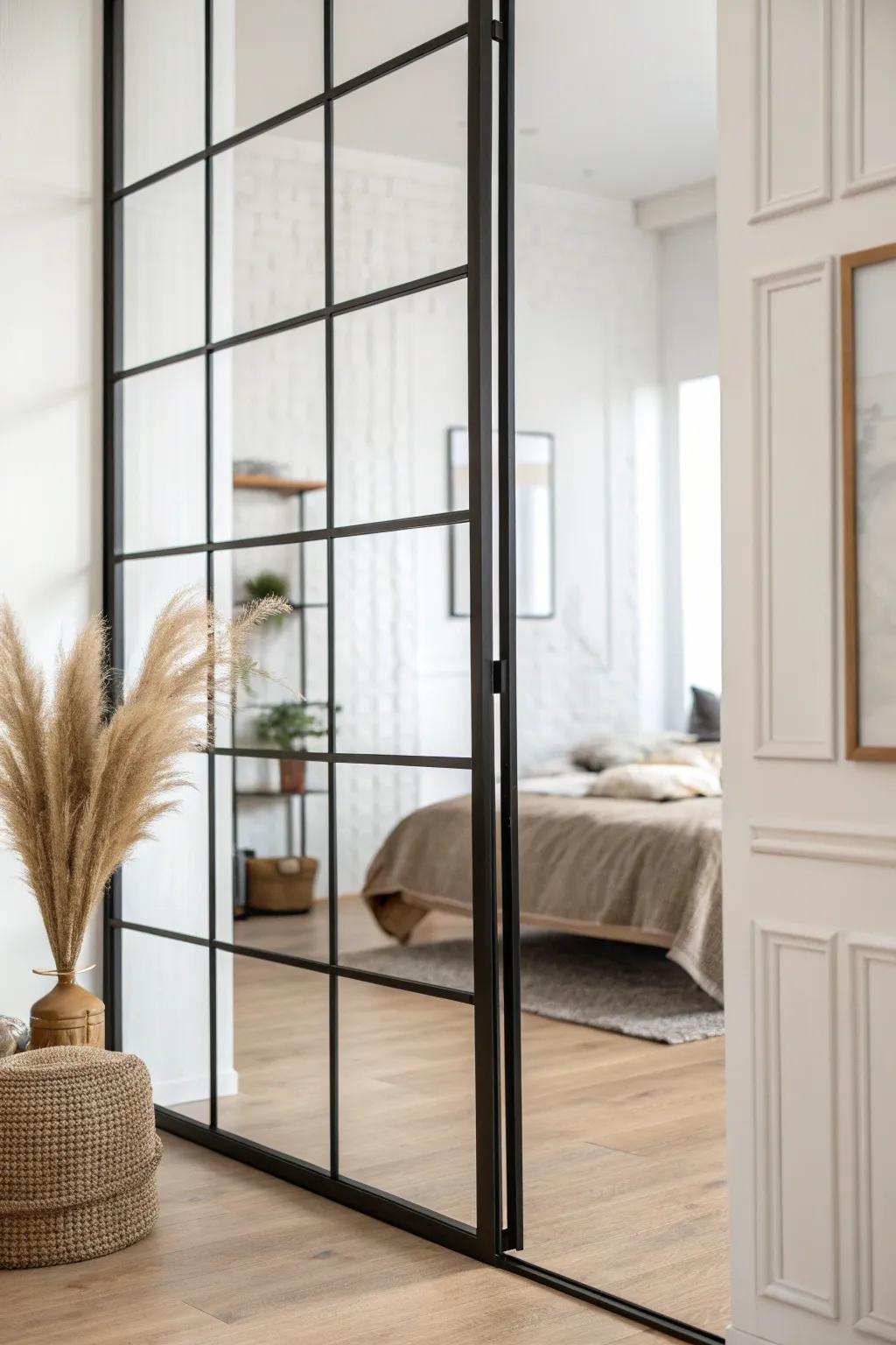 Black-framed glass divider adds privacy and light—an airy industrial touch for a small studio.
