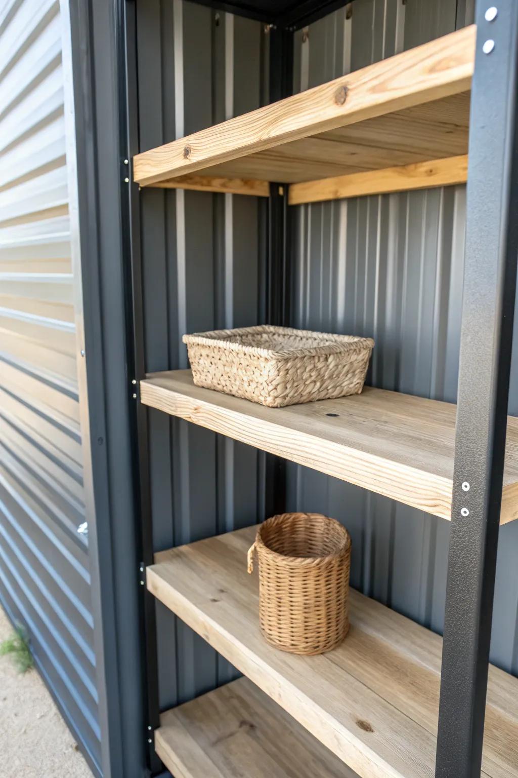 DIY wood shelf on a stud frame—custom fit for metal sheds, sturdy, simple, and beautiful.