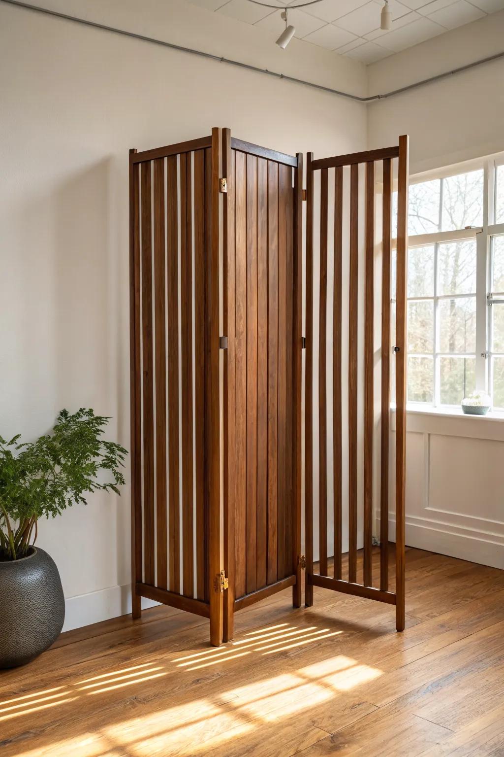No-drill walnut slat tension divider—mid-century separation that keeps a studio bright and tall.