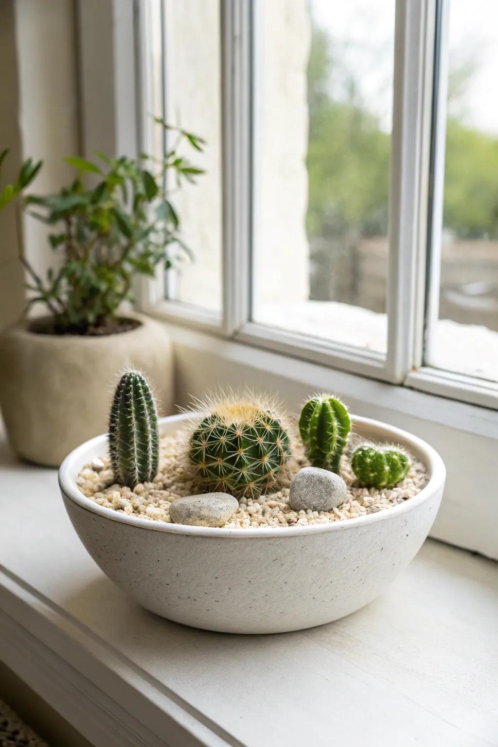 A sunlit windowsill cactus dish garden—minimal, boho, and perfect for small-space greenery.