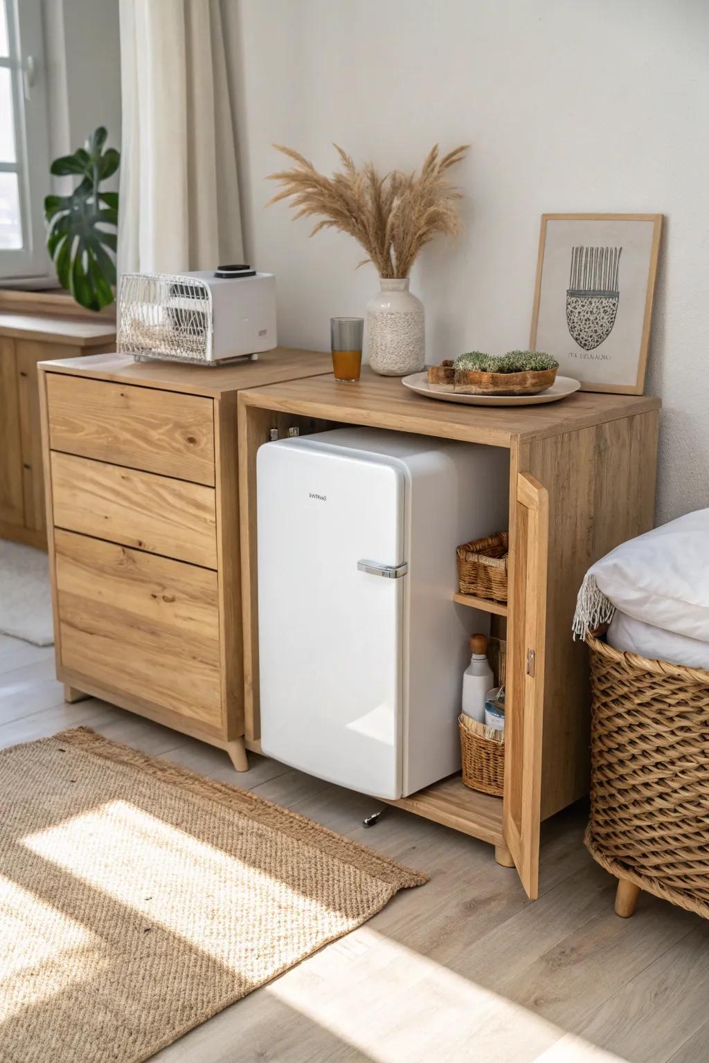 A mini fridge tucked into a dresser cubby for a seamless, space-saving bedroom nook.