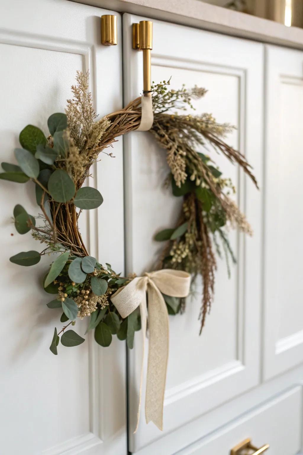 A tiny eucalyptus wreath on a cabinet knob—instant festive charm for small kitchens.