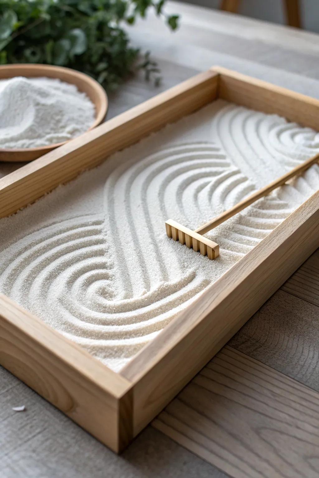 Soothe your mind with wave-to-spiral rake patterns in a mini zen garden.