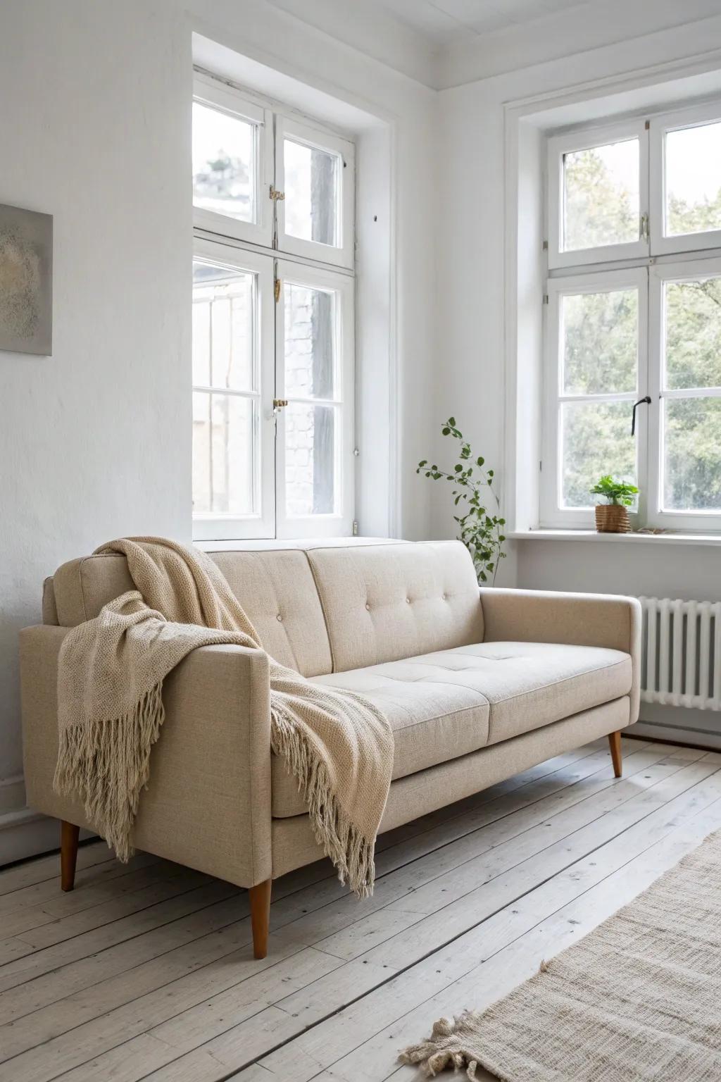 A low-profile sofa keeps the room airy and makes ceilings feel instantly taller.