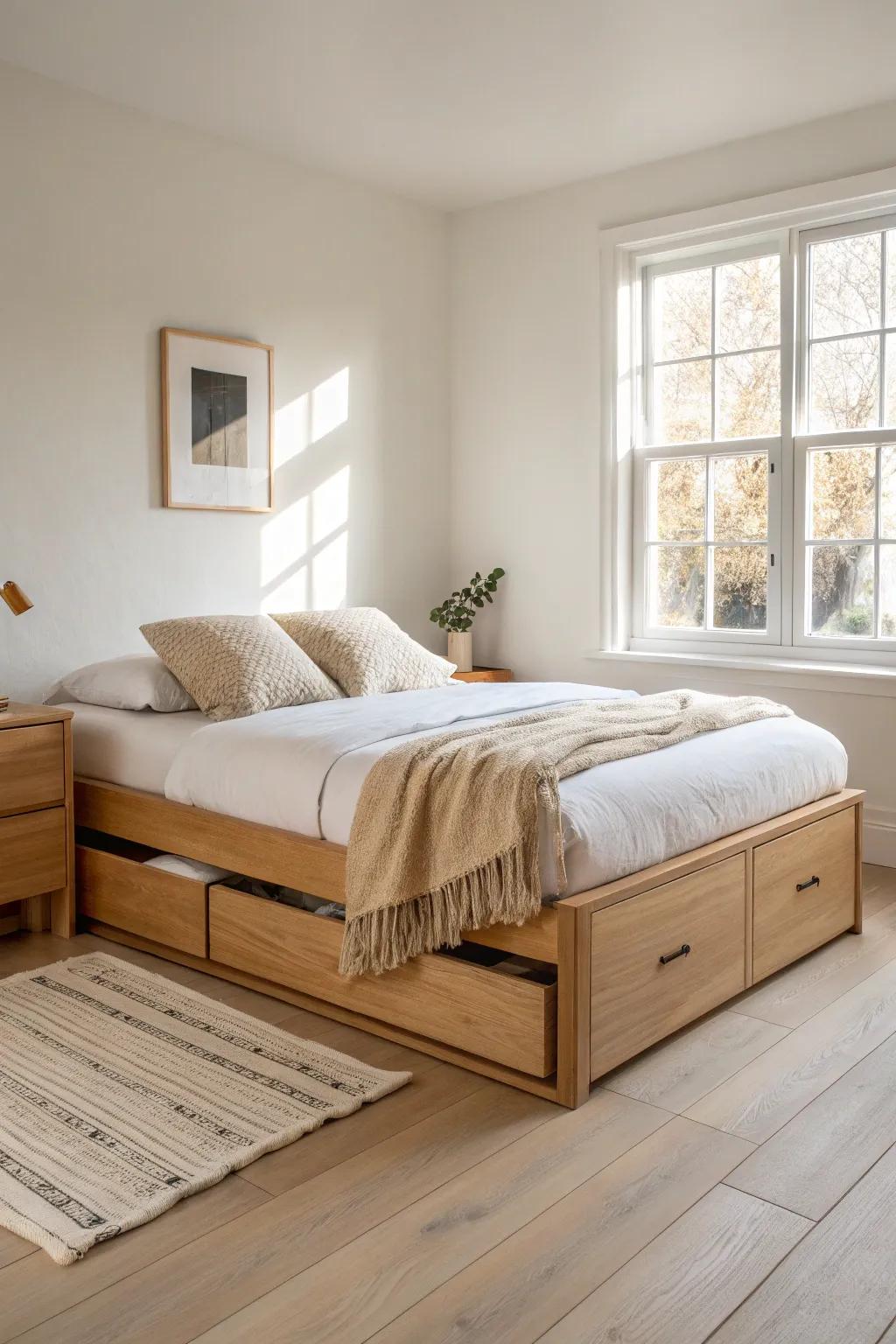 A low-profile platform bed with hidden storage keeps small minimalist bedrooms calm and clutter-free.