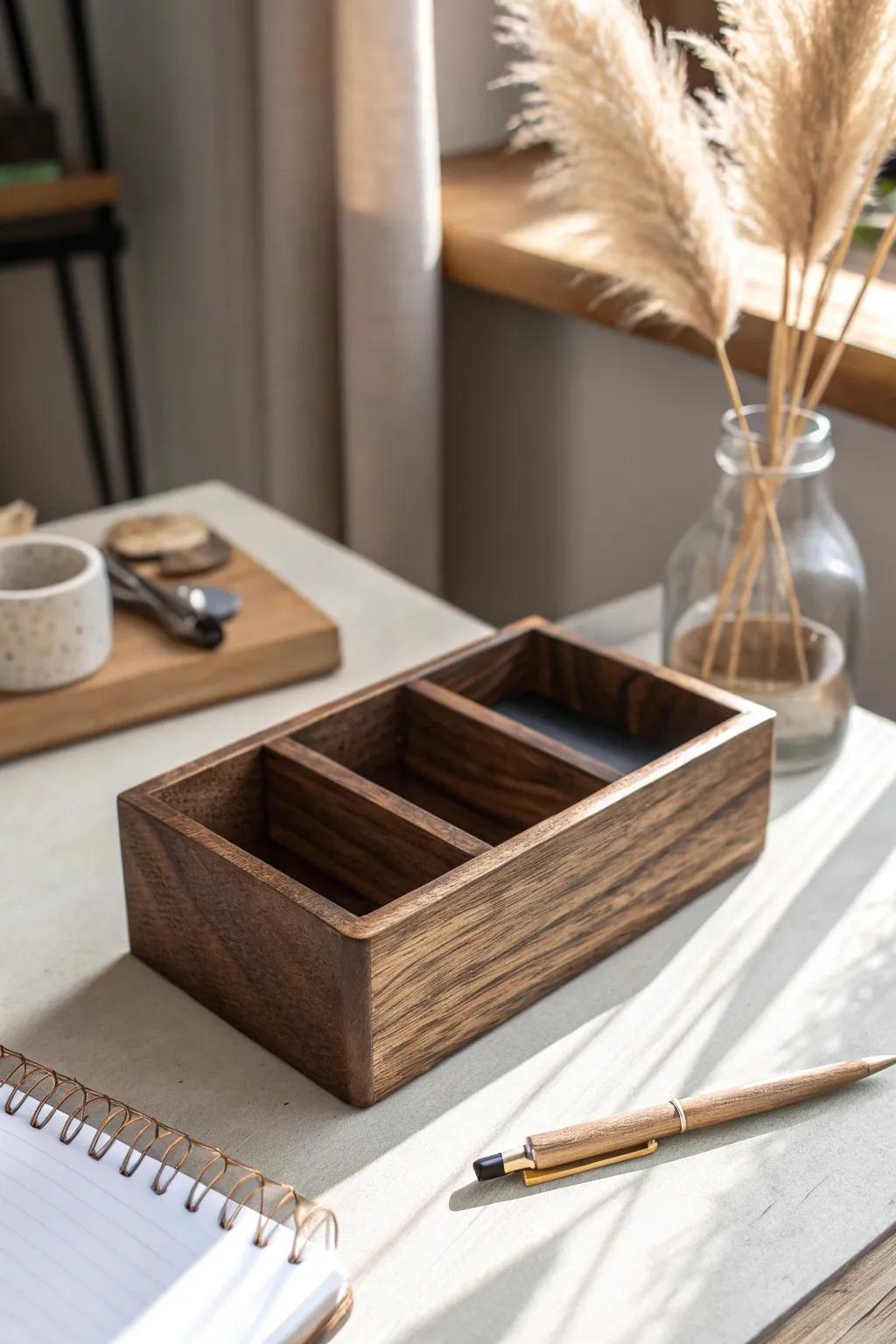 Reset your desk with a handcrafted 3‑zone organizer: work, write, charge—clutter‑free.