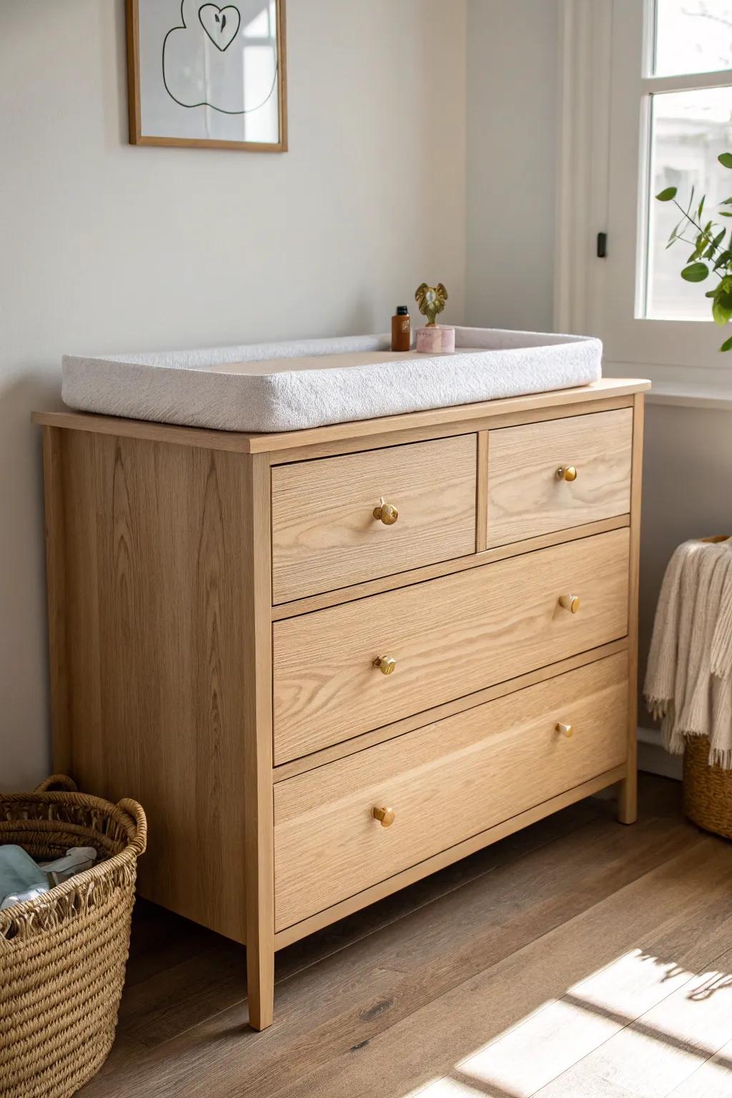 Streamlined dresser + changing pad: the space-saving minimalist nursery setup in warm Scandinavian style.